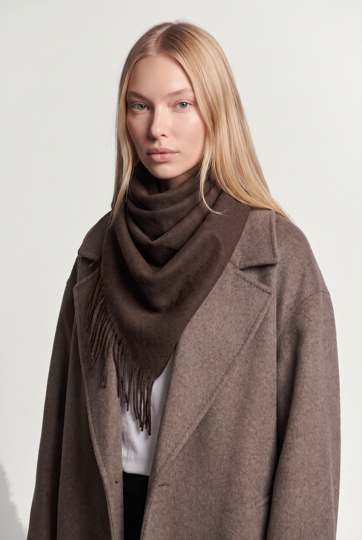 Fringed triangle scarf - Coffee - on model, three-quarter