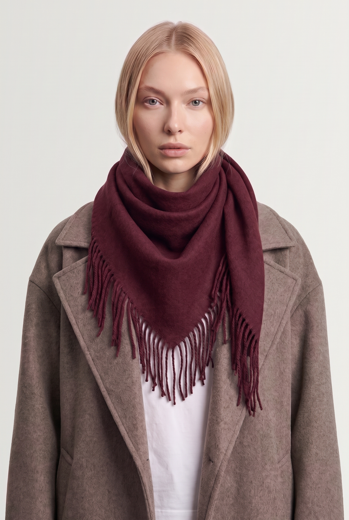 Fringed triangle scarf - Burgundy - on model, front