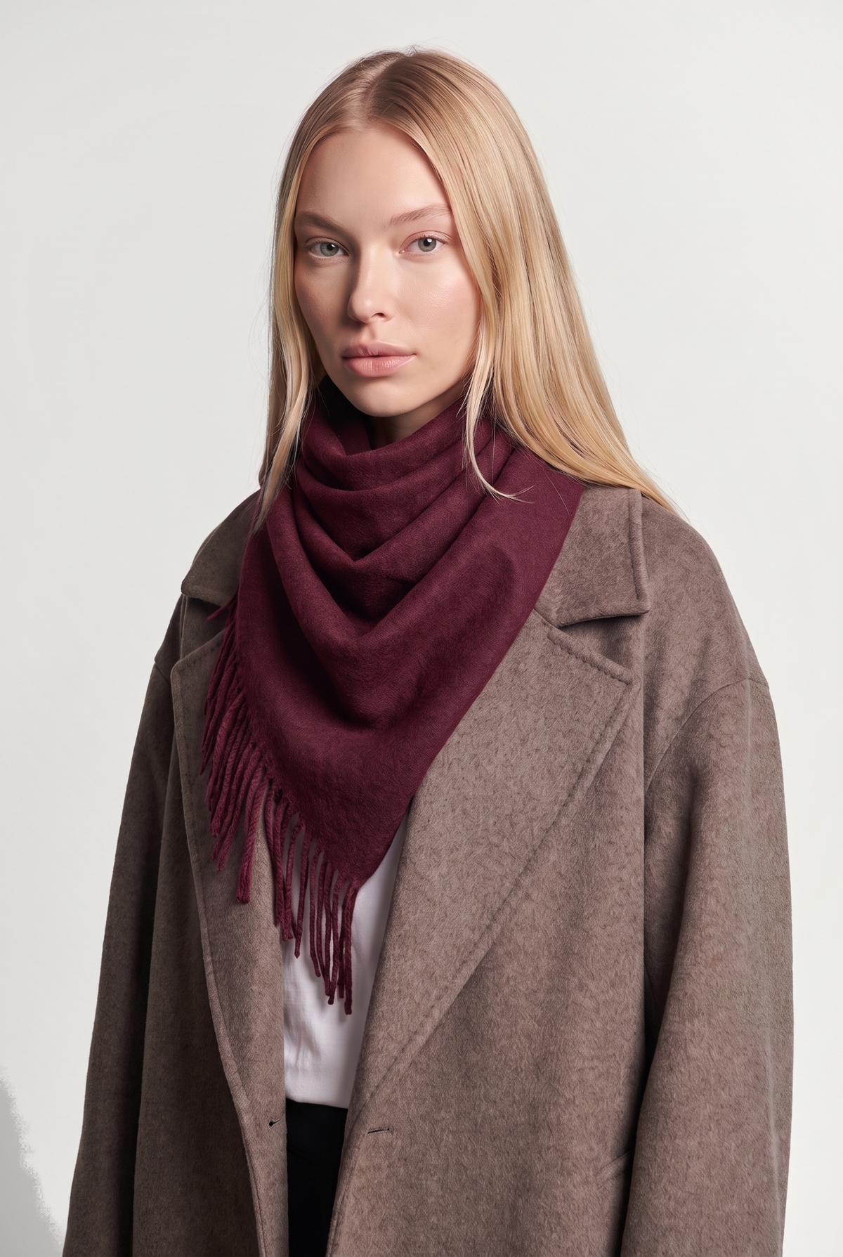 Fringed triangle scarf - Burgundy - on model, three-quarter