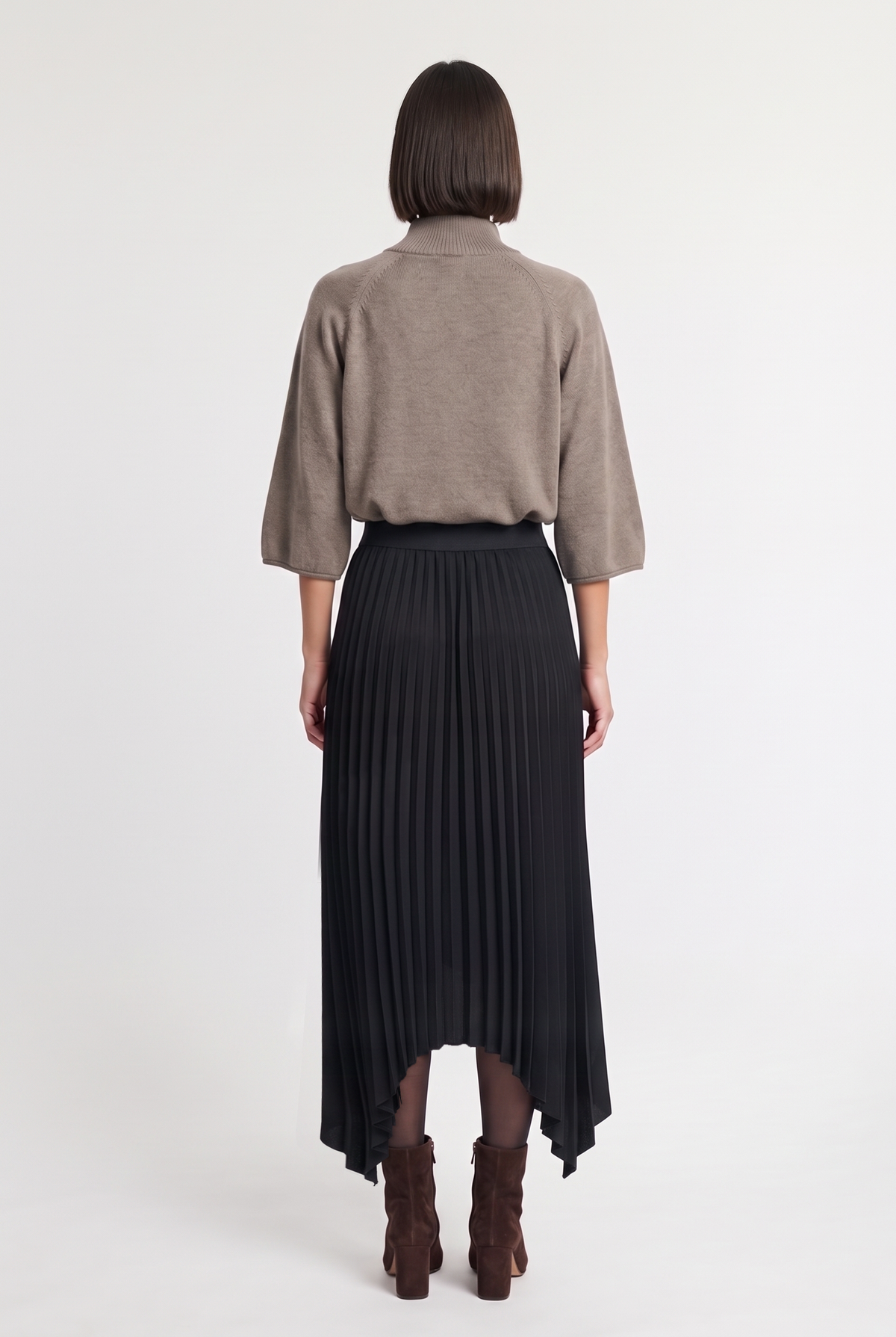 Asymmetrical Pleated Midi Skirt - Black - back view