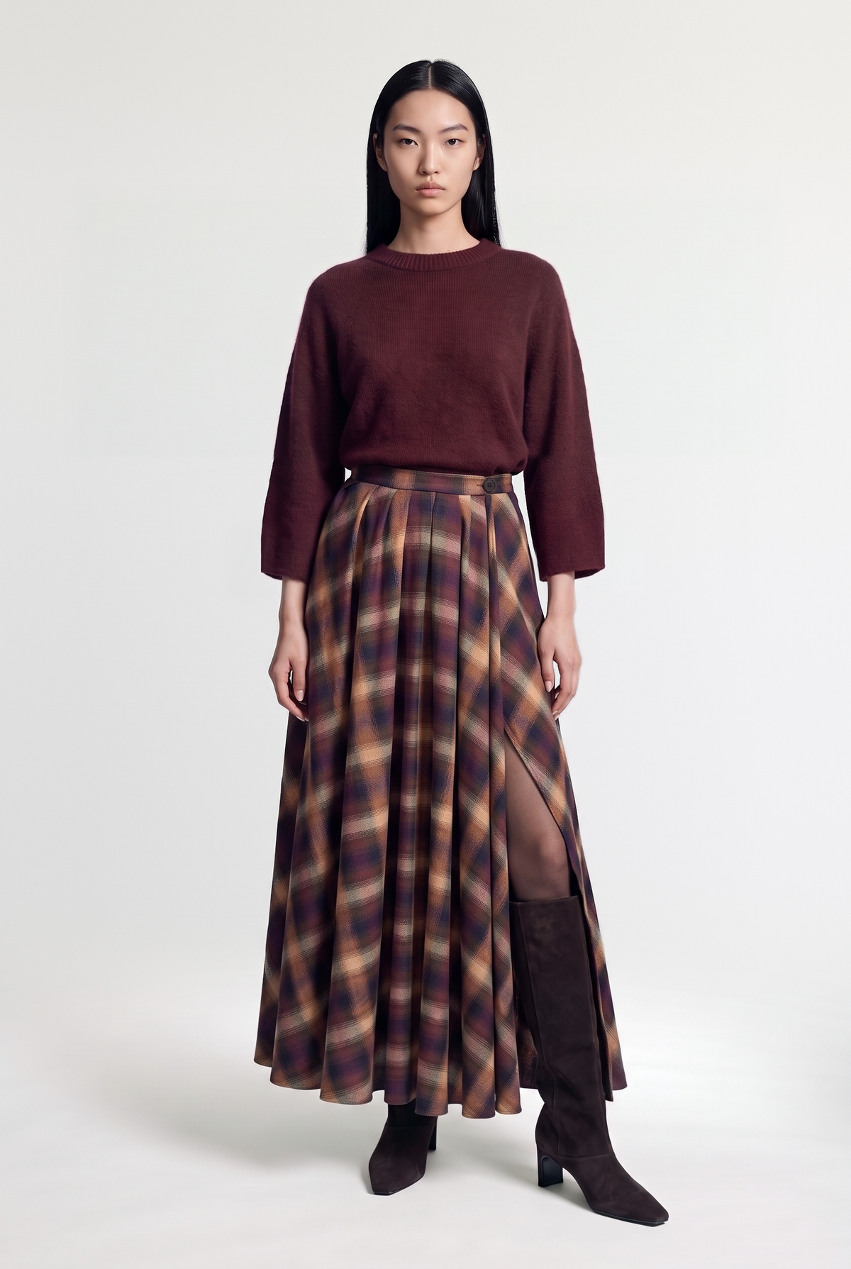 Plaid Pleated Midi Skirt - Burgundy - front view