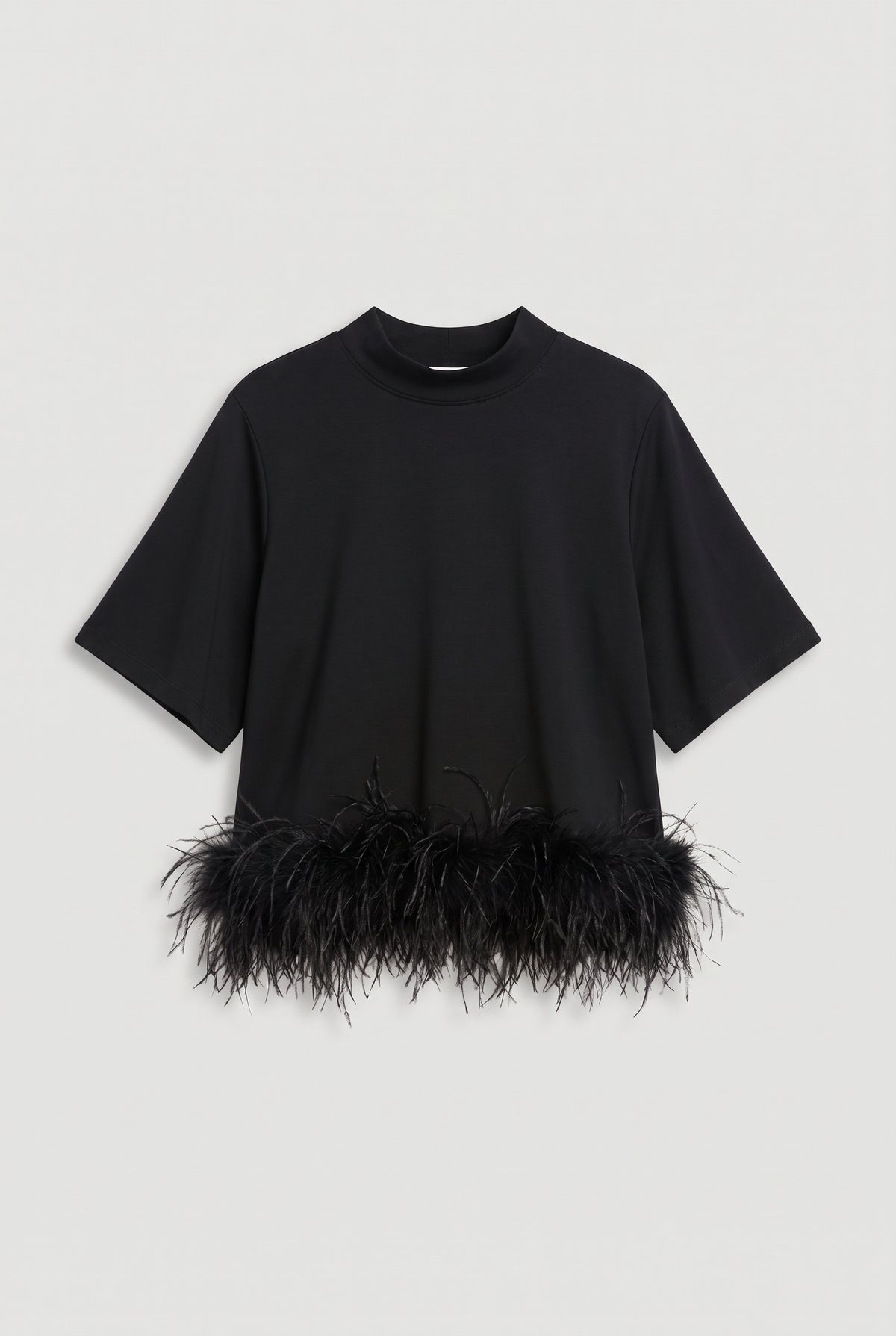 Feather-Trim Short Sleeve Top - Black - flat lay