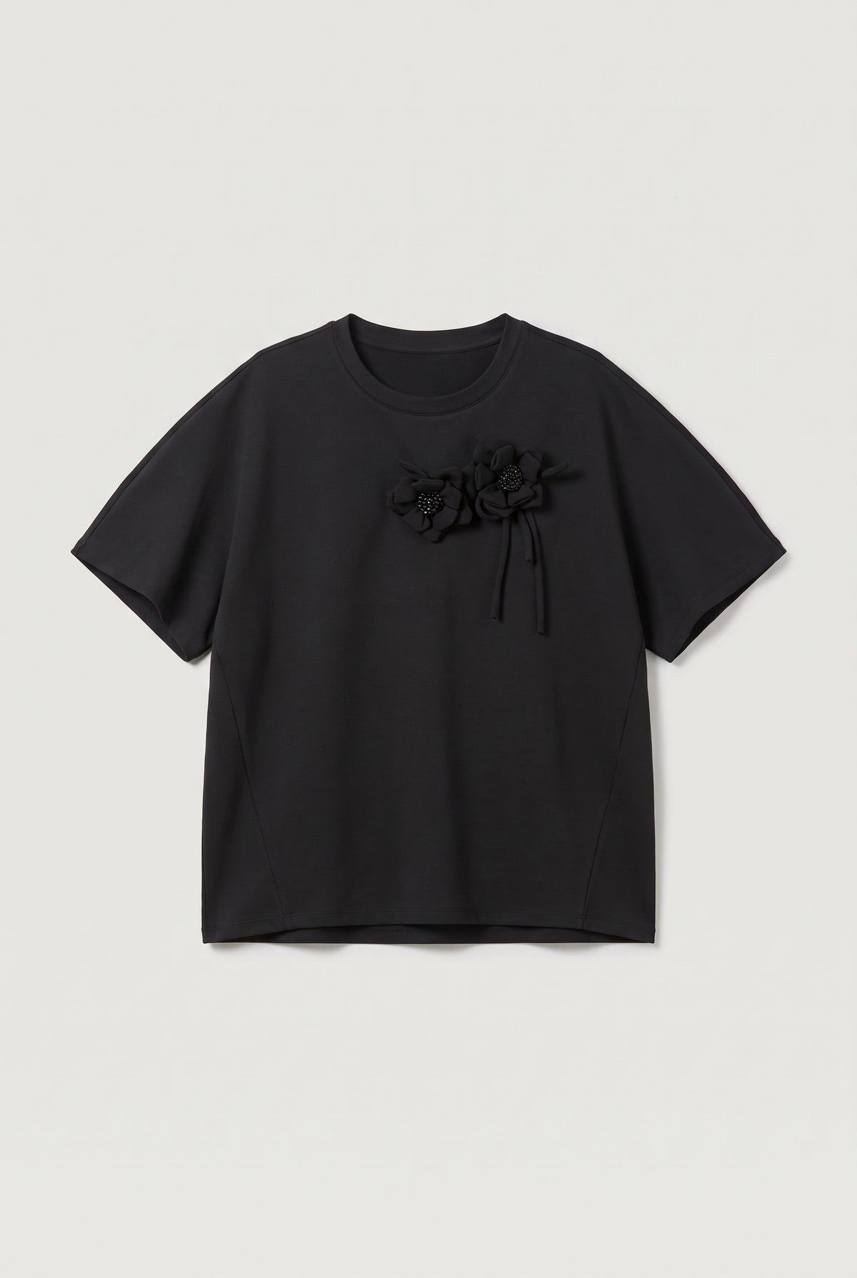 Floral Applique T-Shirt - Black - flat lay