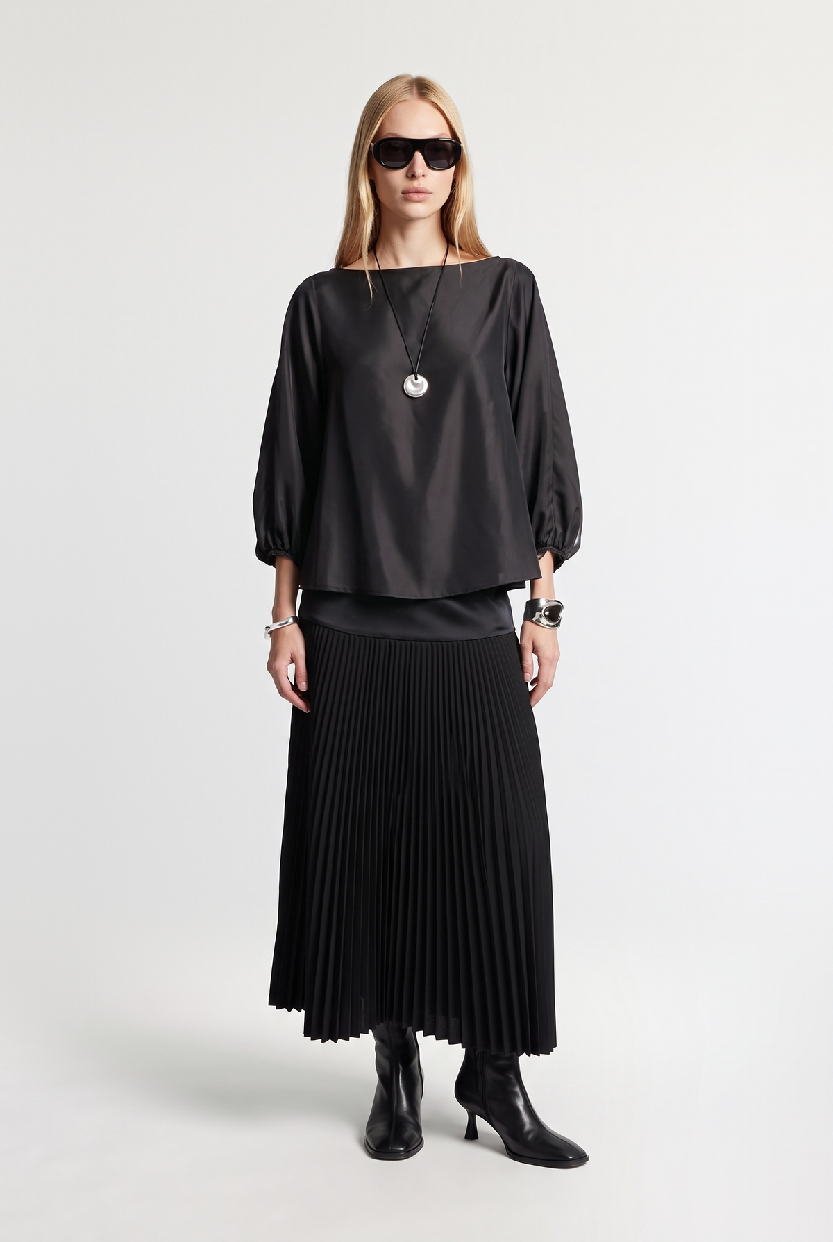 Satin Asymmetric Top - Black - front view