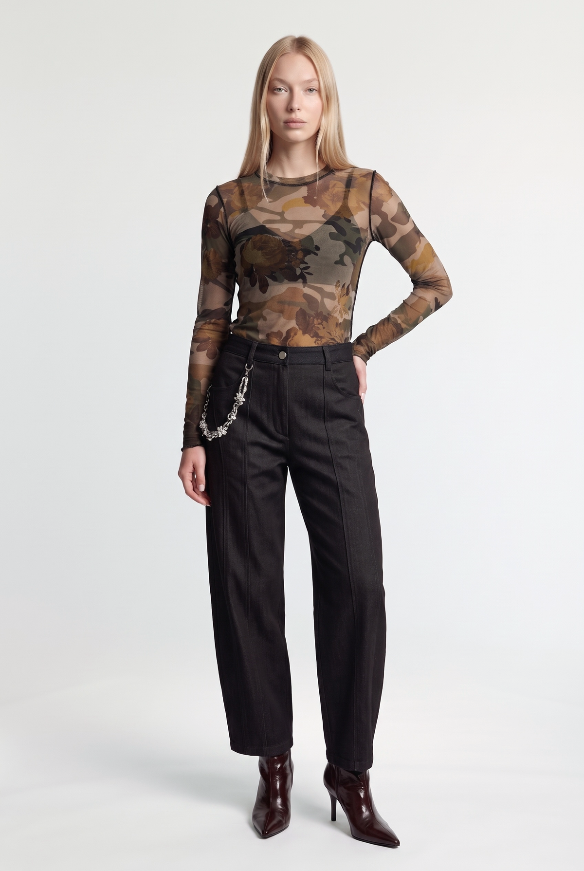 Floral Camo Mesh Top - Beige/Military - front view