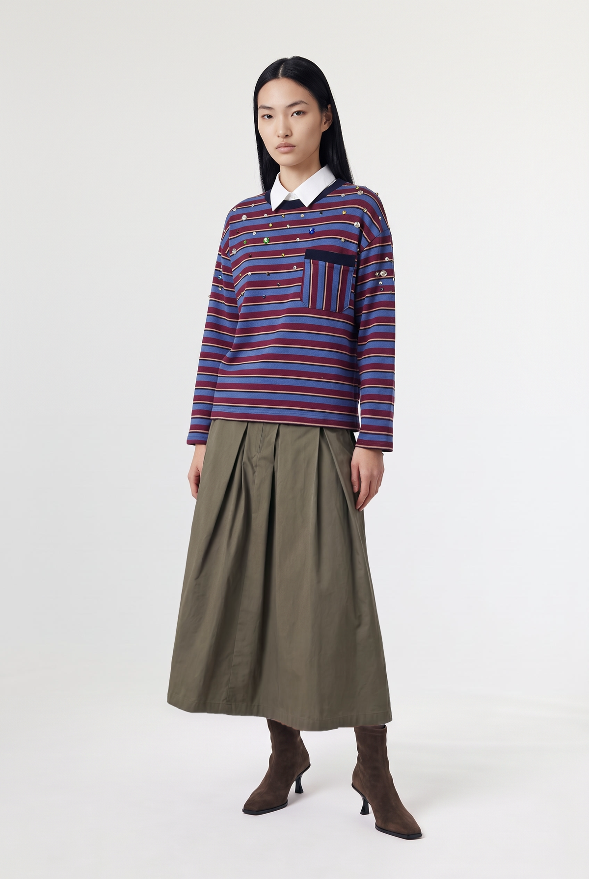 Striped knit with contrast collar - Burgundy - front view
