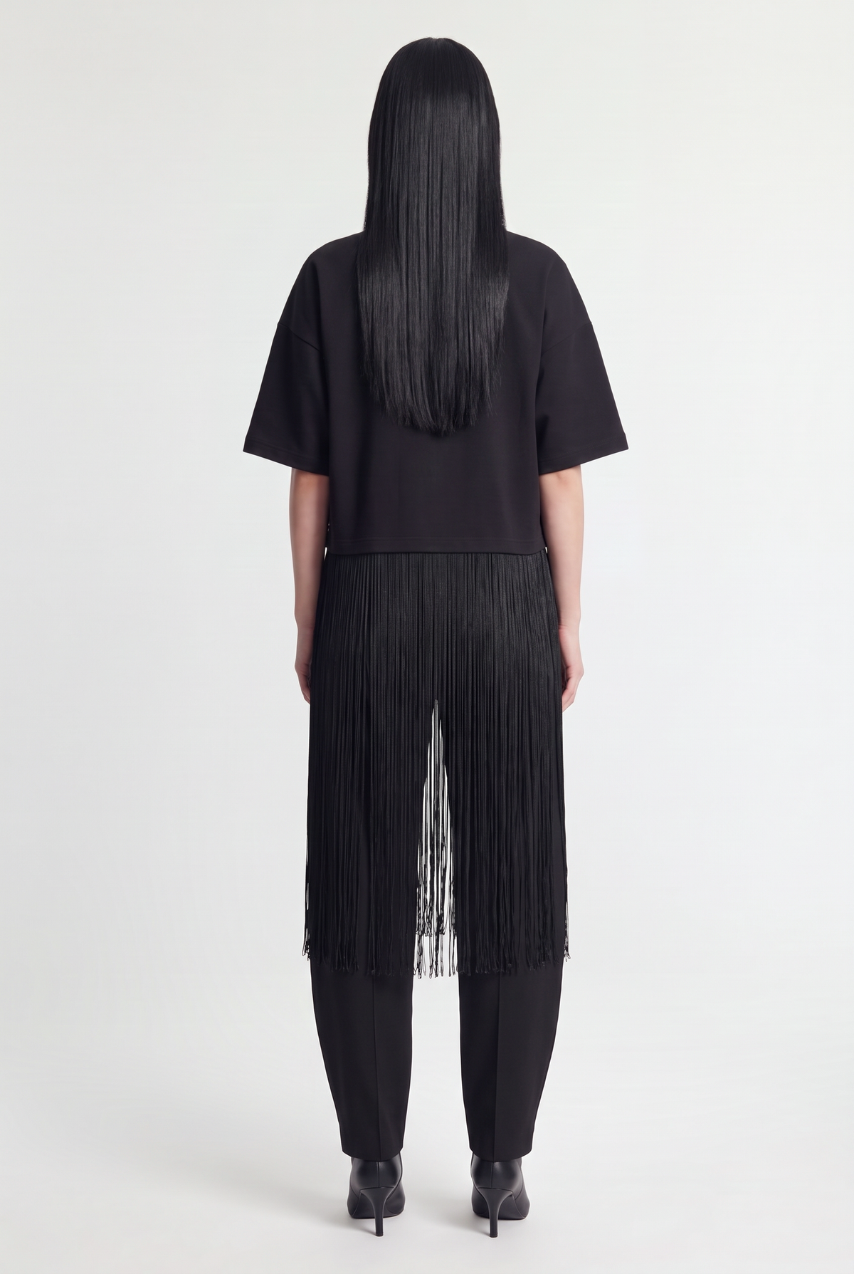 Fringe-Hem Boxy T-Shirt - Black - back view