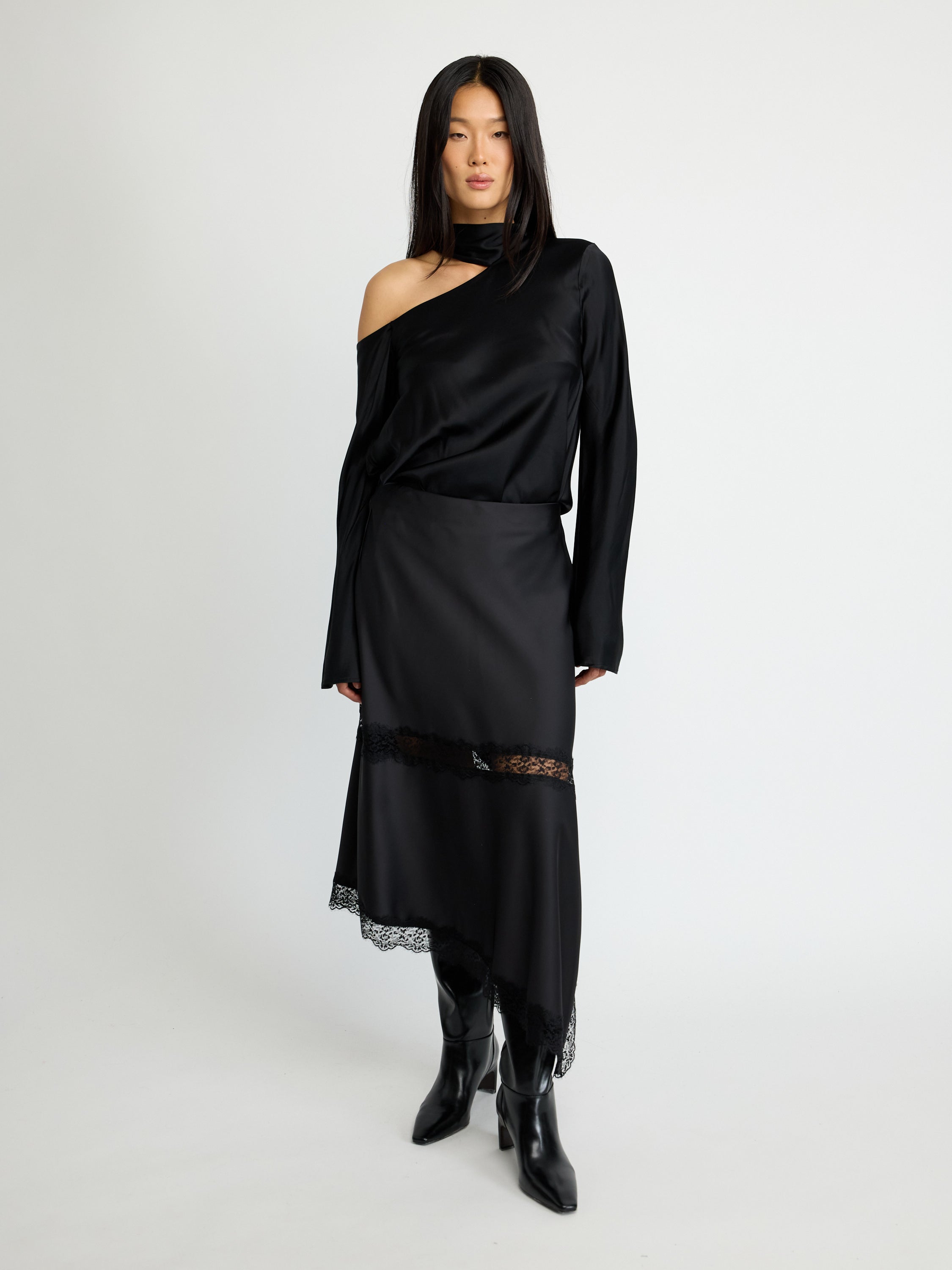 Lace-Trim Satin Midi Skirt