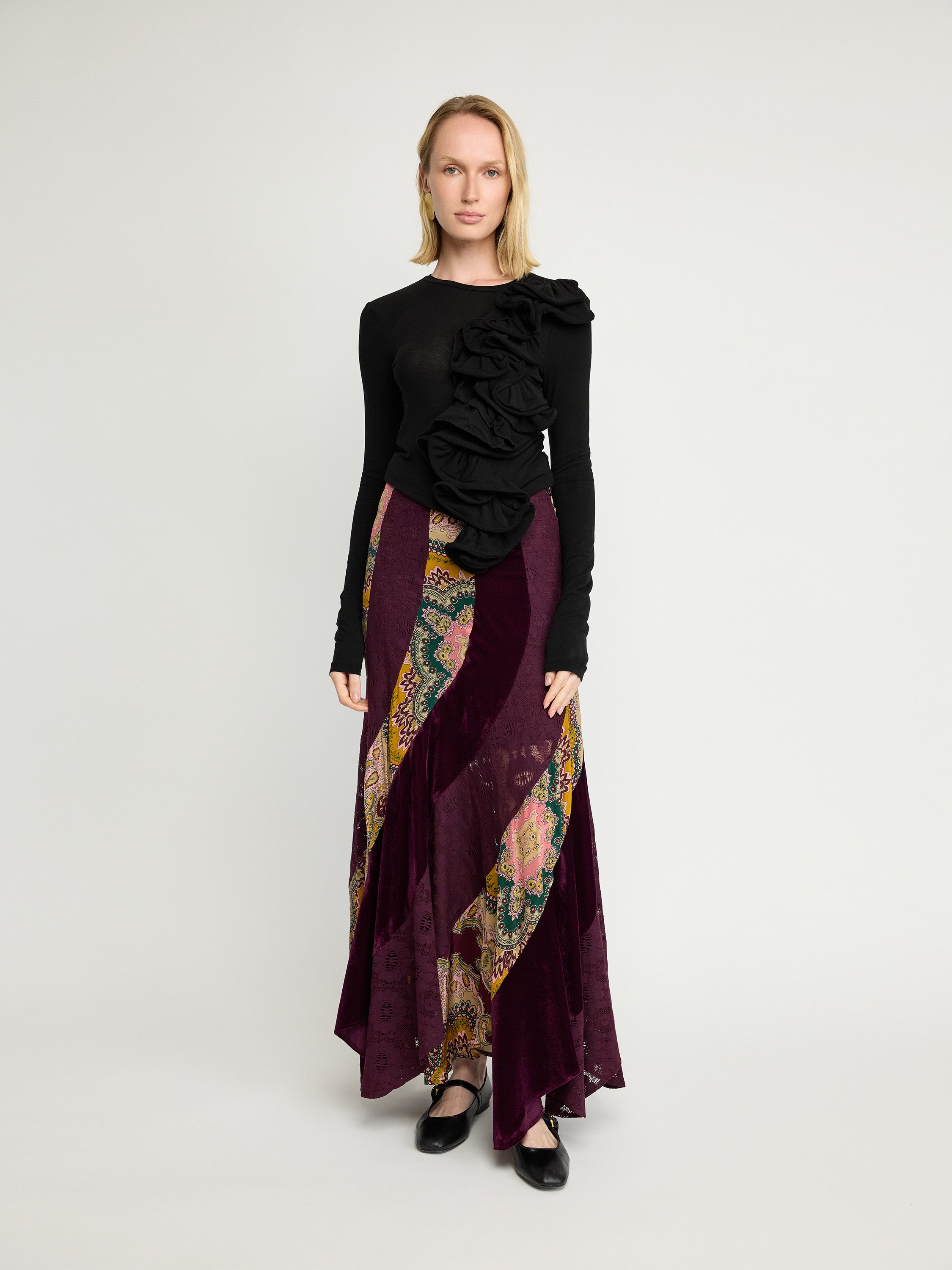 Jupe longue patchwork en velours et cachemire