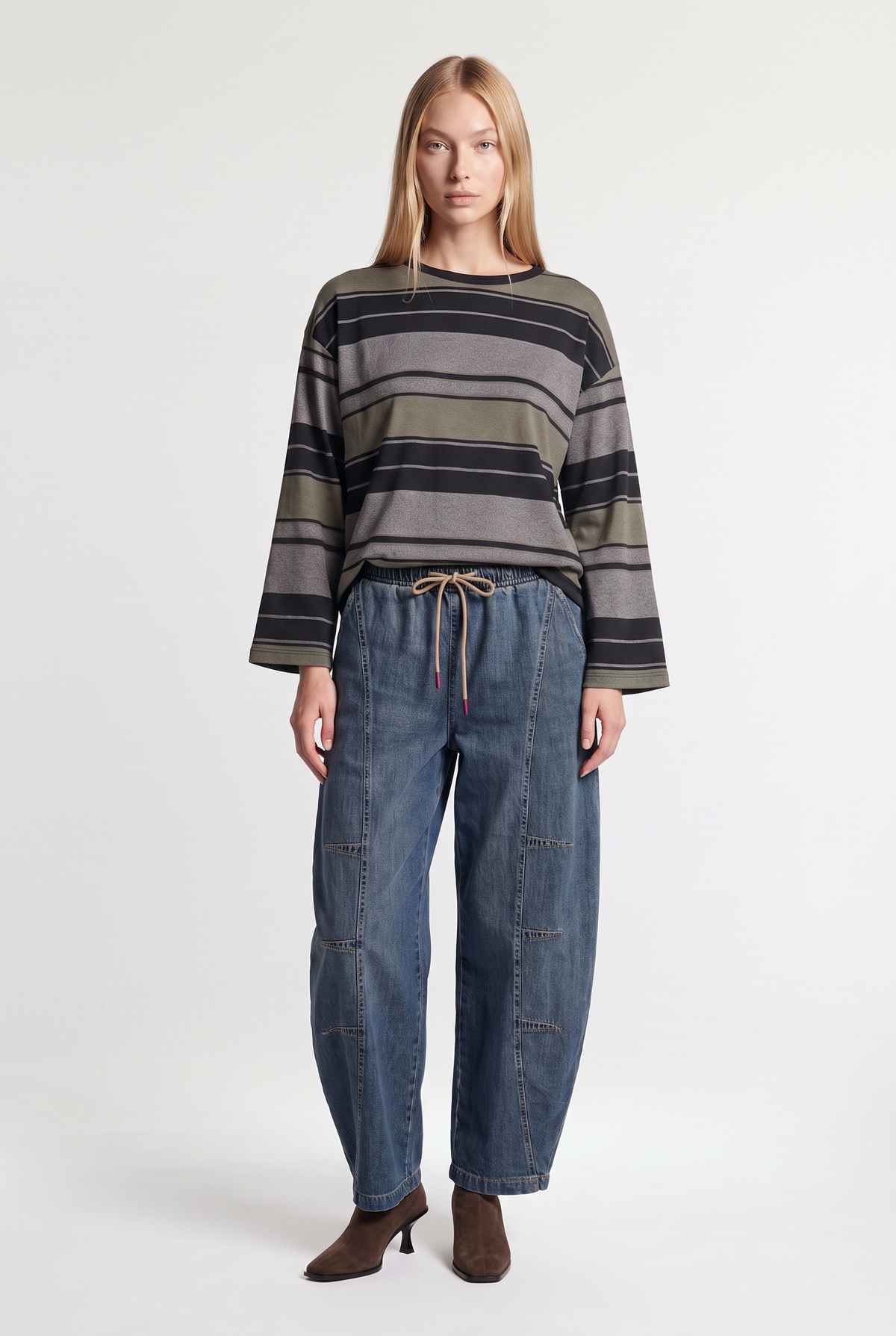Wide-stripe long-sleeve tee - Black/Military - front view