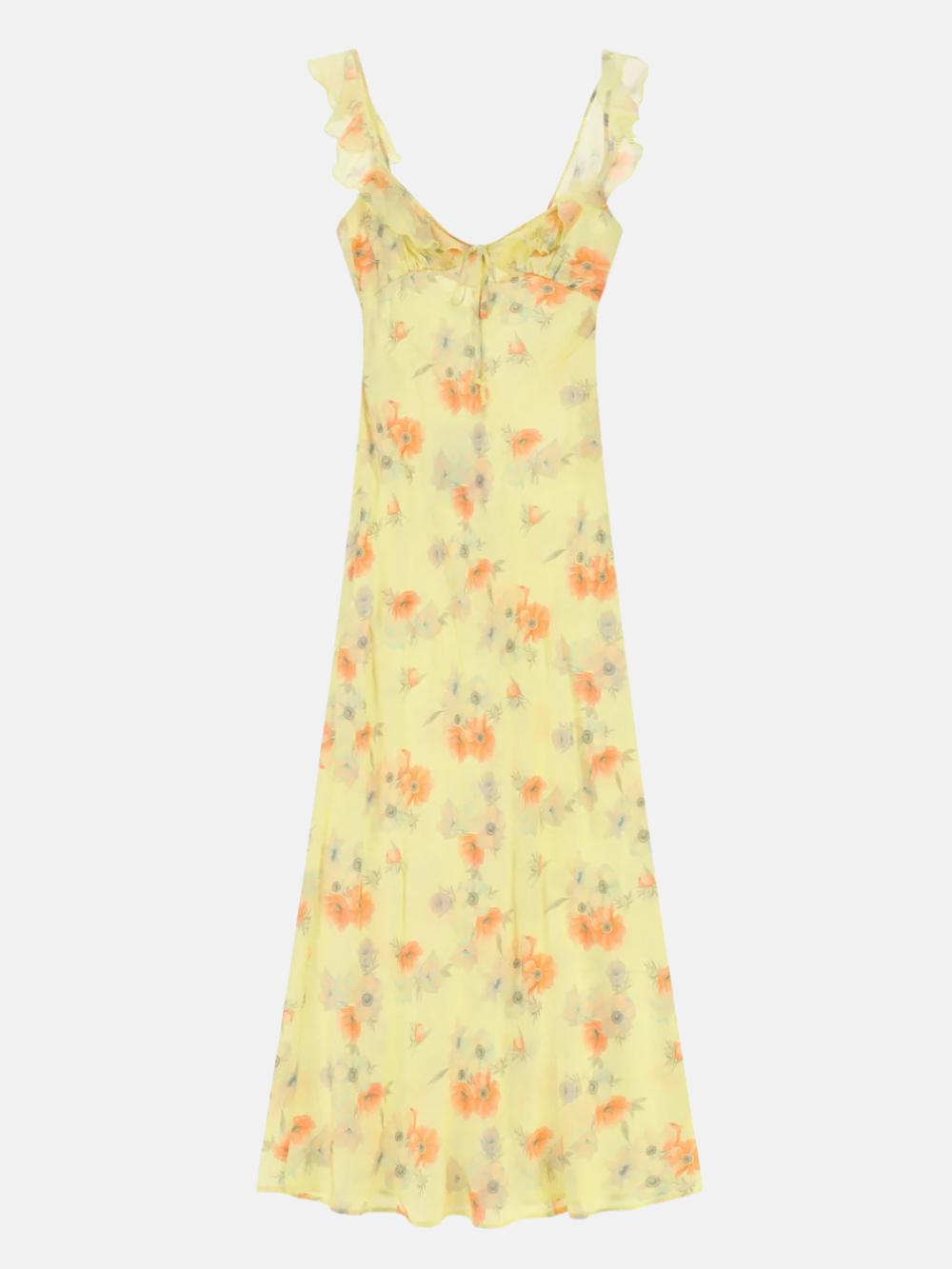 Robe longue à bretelles volantées