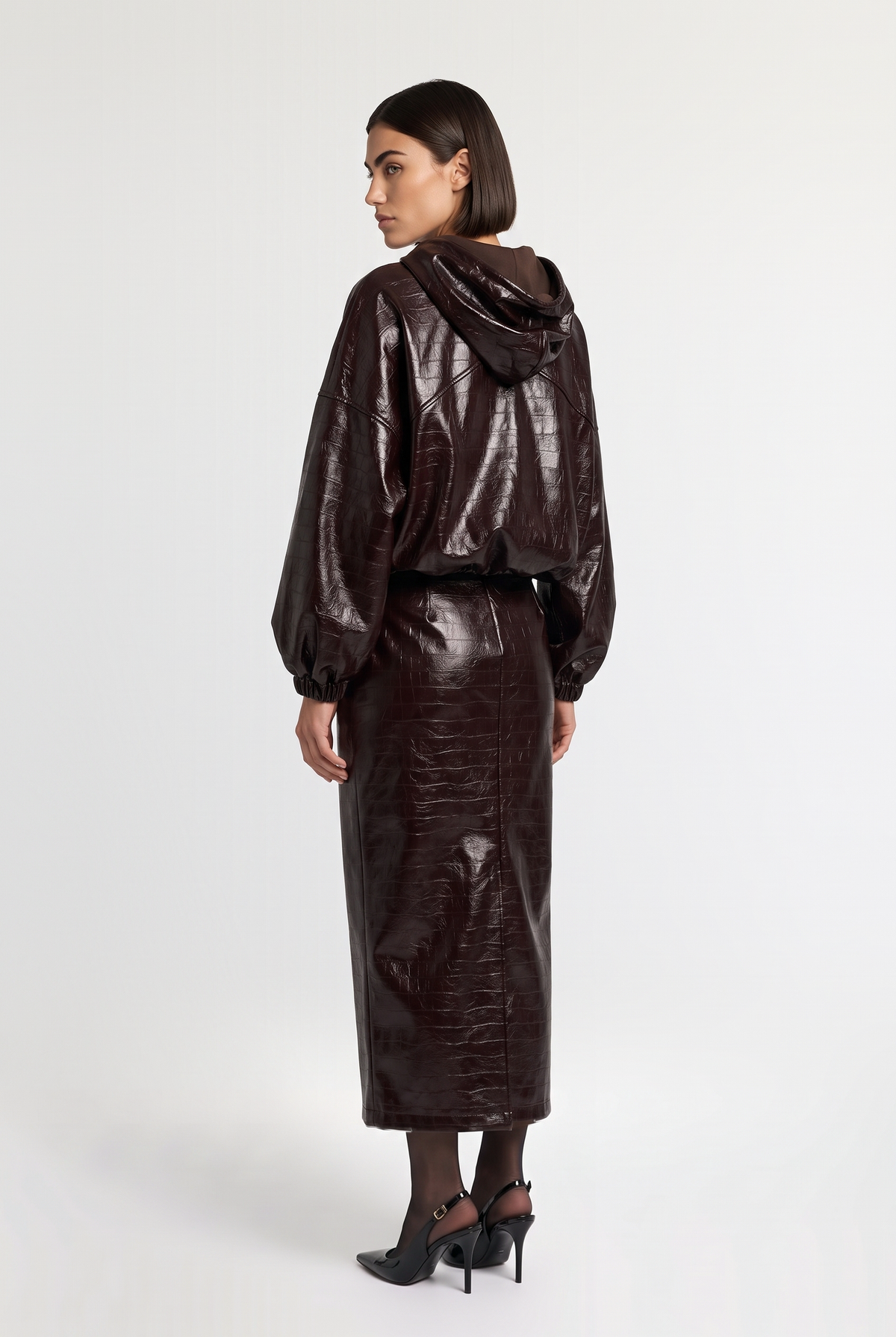 Croc patent hooded zip jacket - Brown - back view