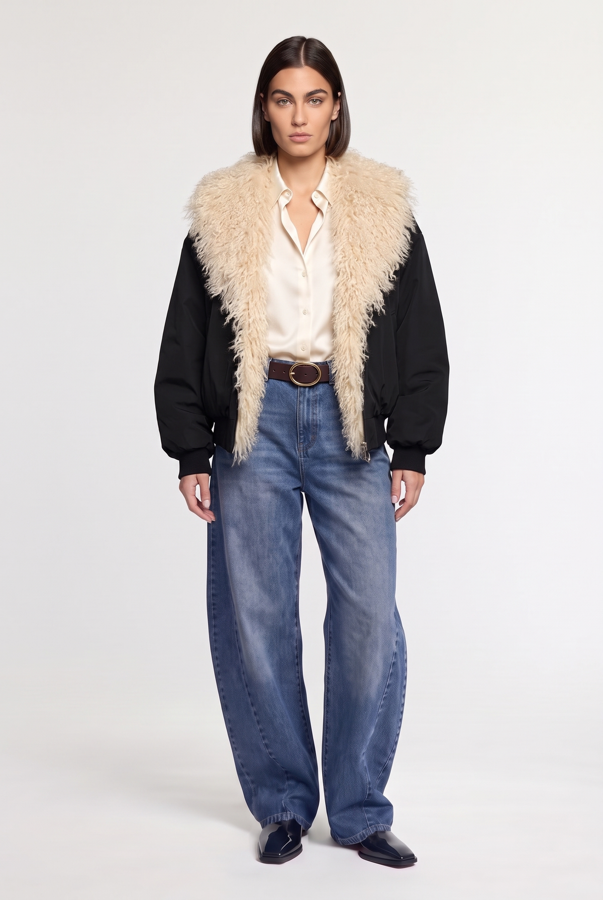 Shaggy-Collar Bomber Jacket - Black - front view, worn open