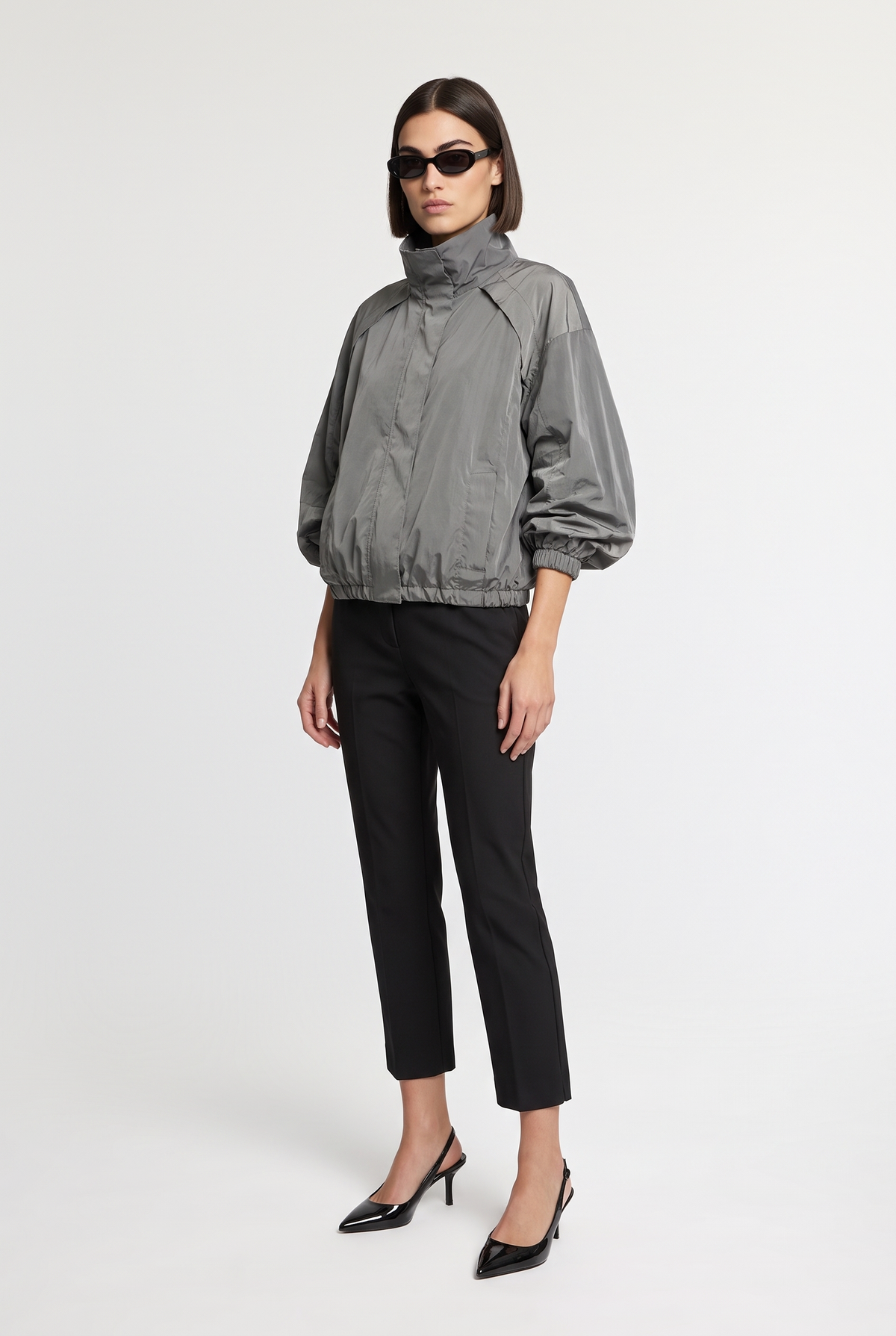 High-Neck Lightweight Jacket - Grey - front view
