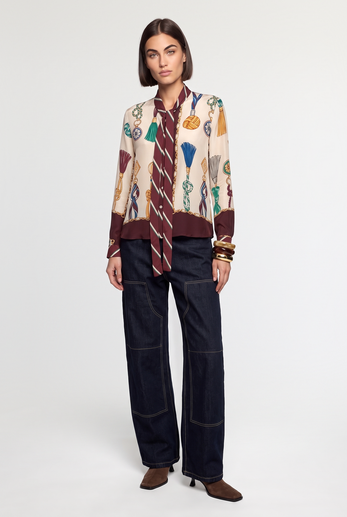 Printed Tie-Neck Blouse - Multi - front view
