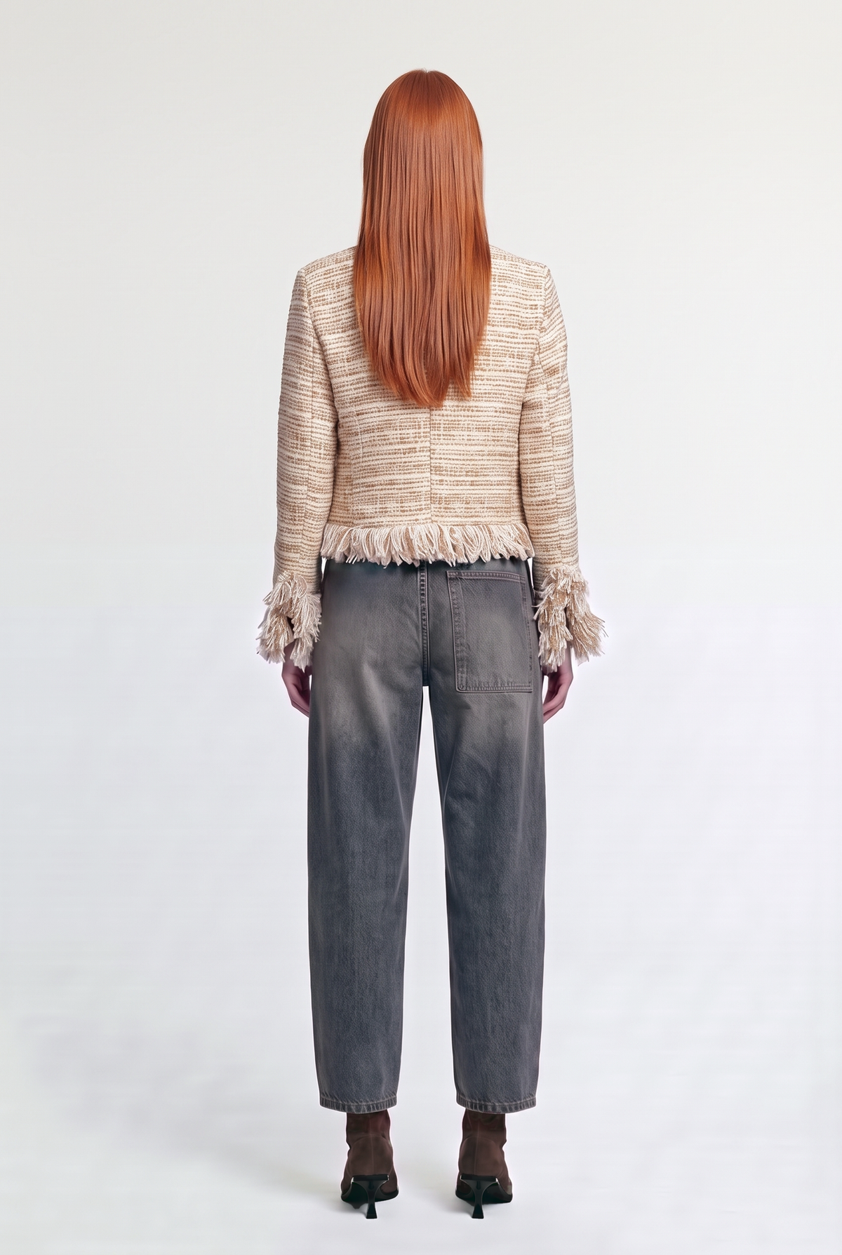 Fringed boucle tweed jacket - Beige - back view