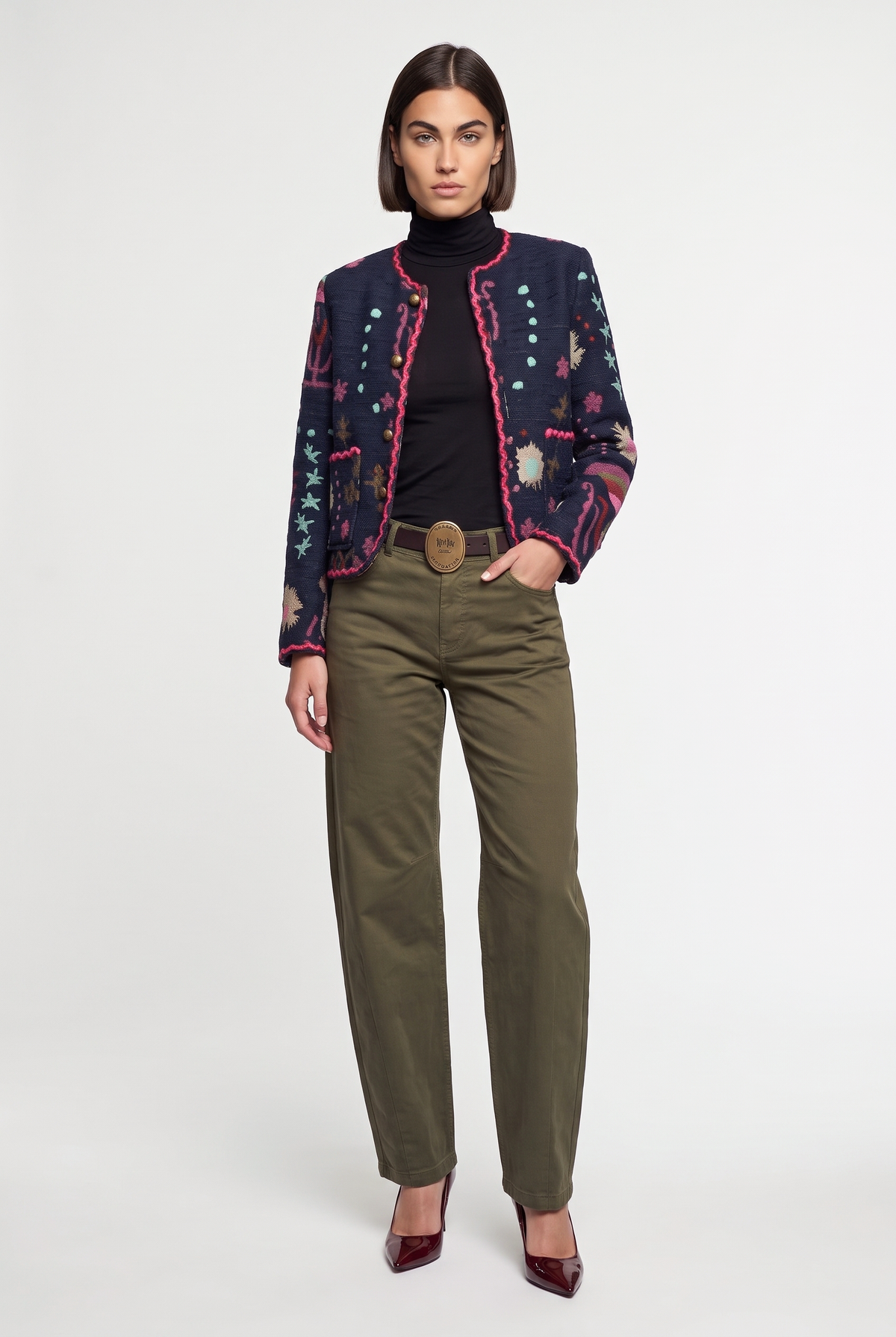 Embroidered Tweed Jacket with Braided Trim - Multi - front view