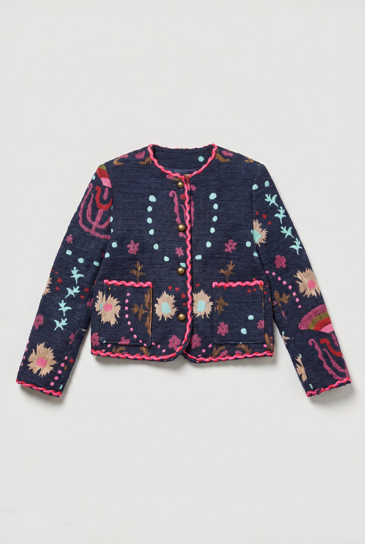 Embroidered Tweed Jacket with Braided Trim - Multi - flat lay