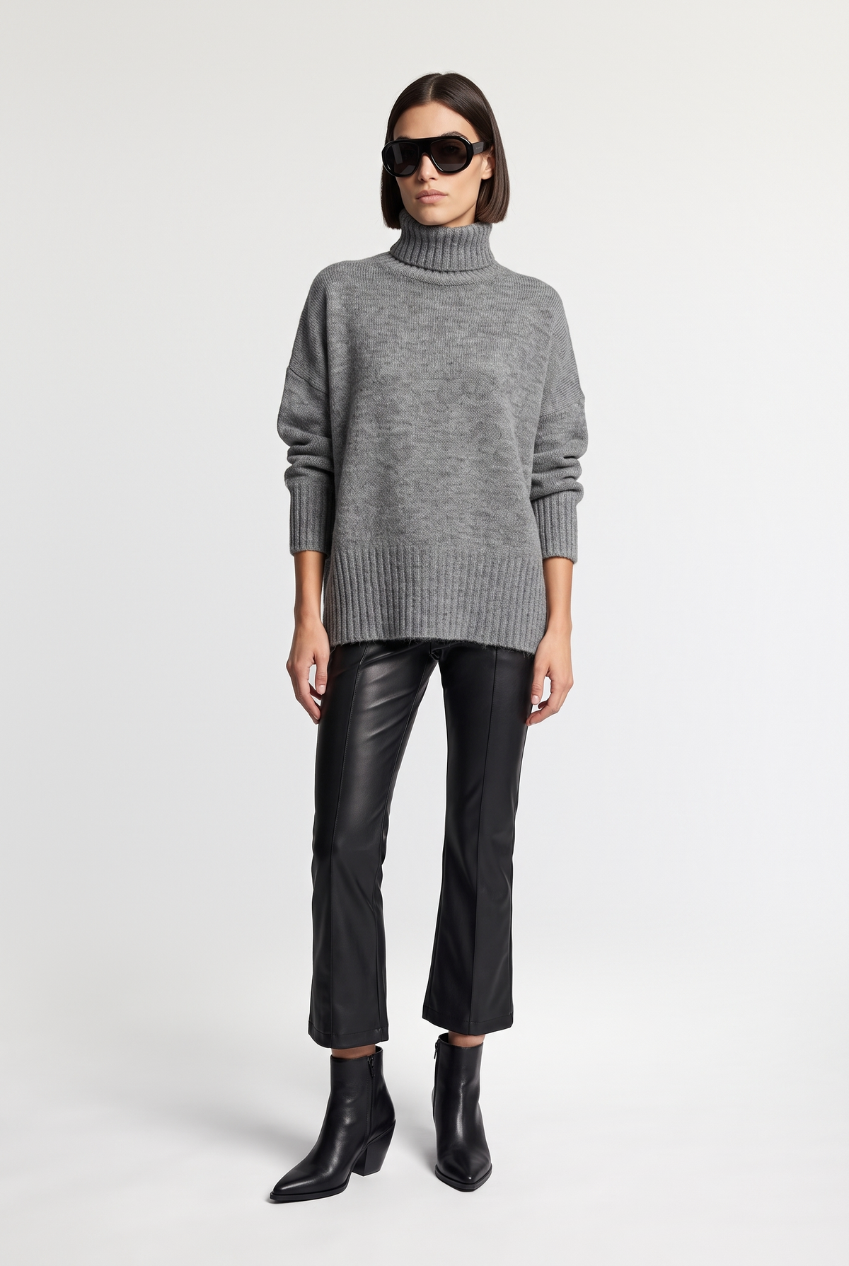 Oversized Turtleneck Knit Sweater - Grey - front view