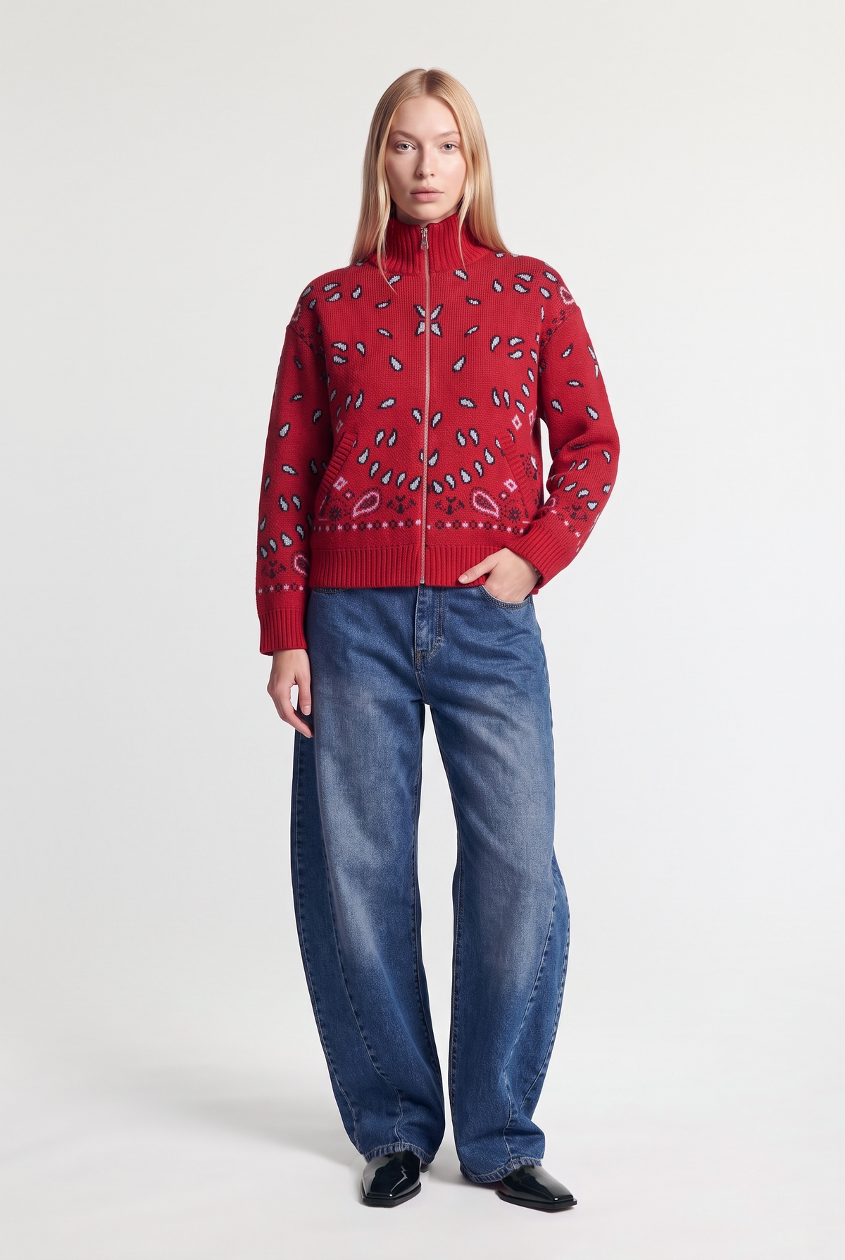 Bandana jacquard zip cardigan - Red - front view