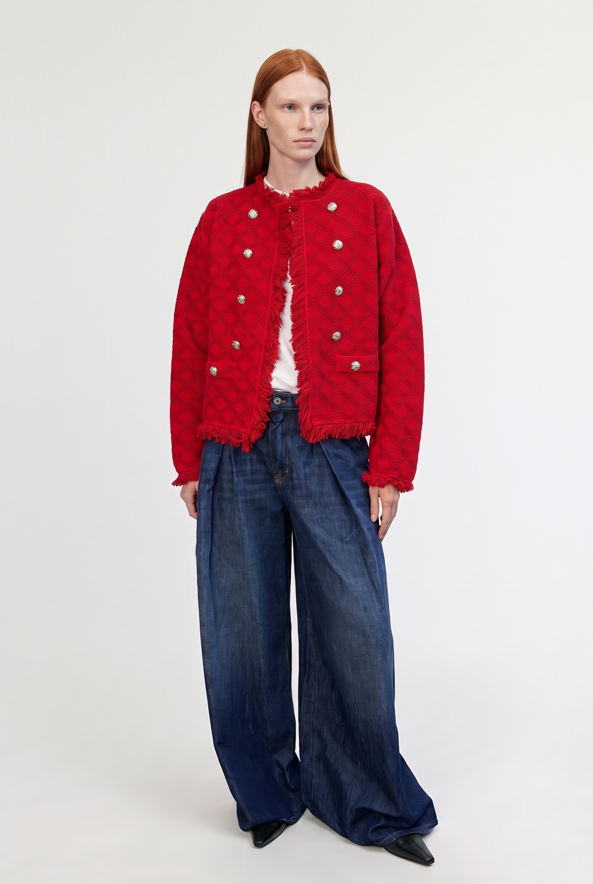 Red fringed quilted-knit jacket - Red - front view