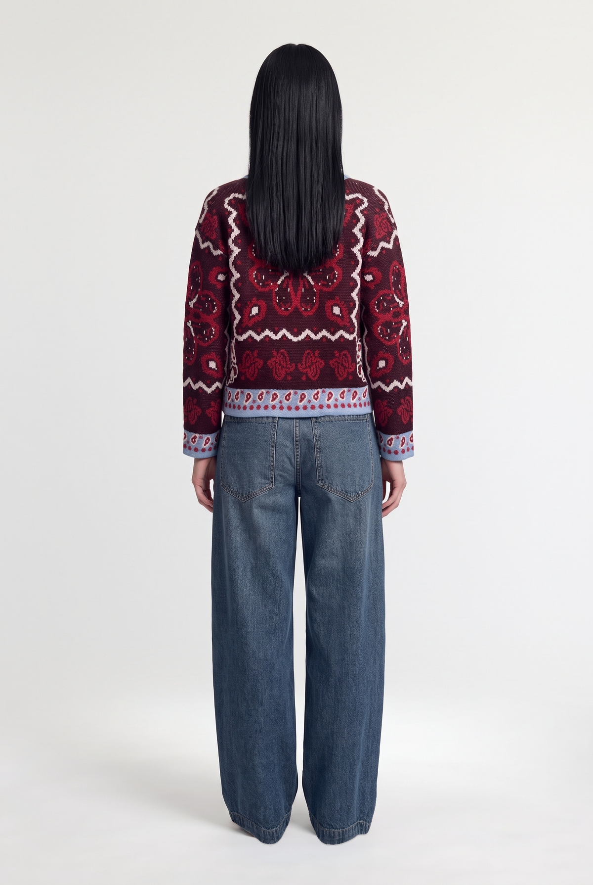 Jacquard knit cardigan - Burgundy - back view