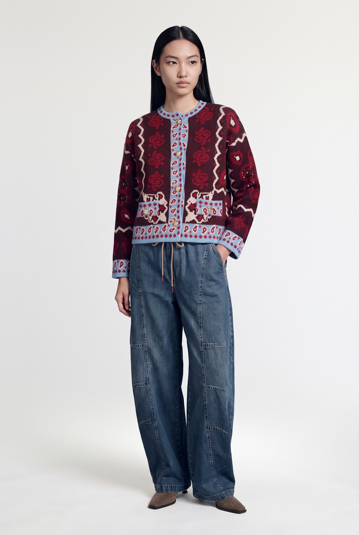 Jacquard knit cardigan - Burgundy - front view