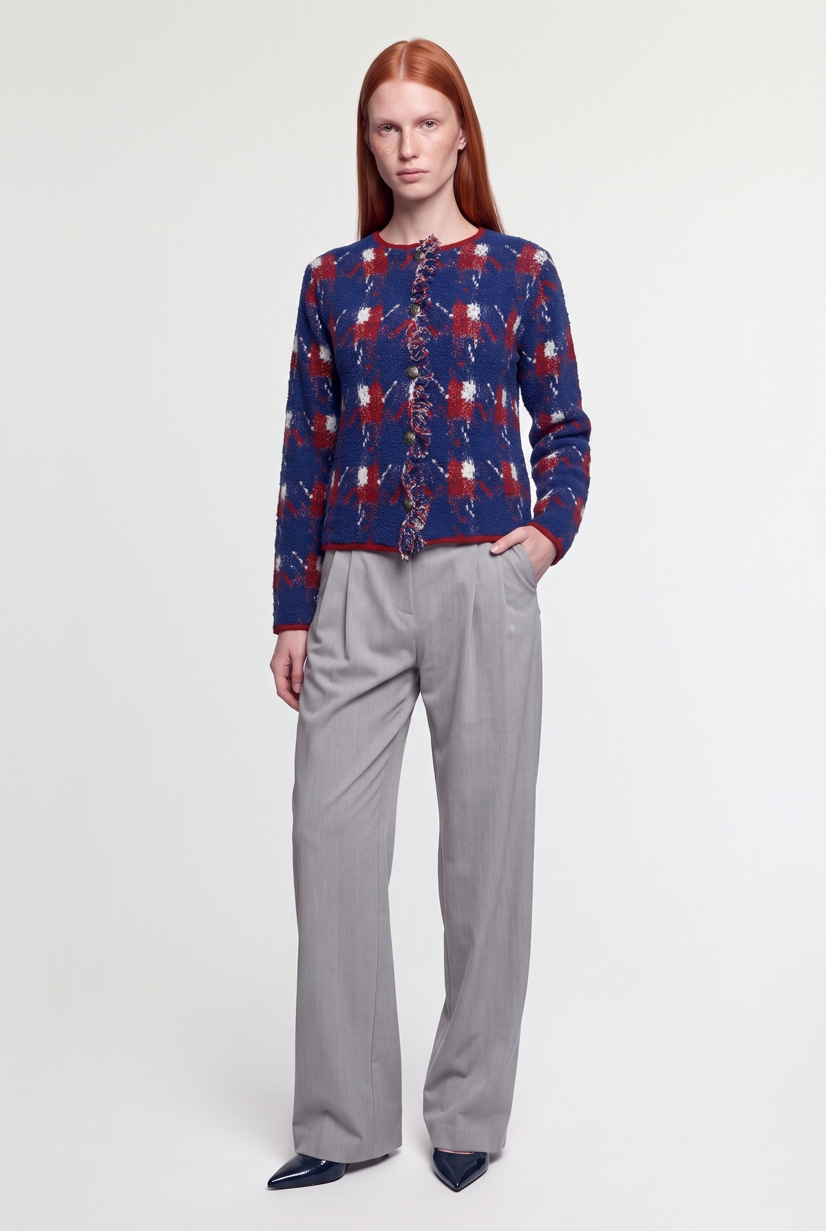 Bouclé Plaid Knit Cardigan with Fringe Trim - Blue/Red - front view