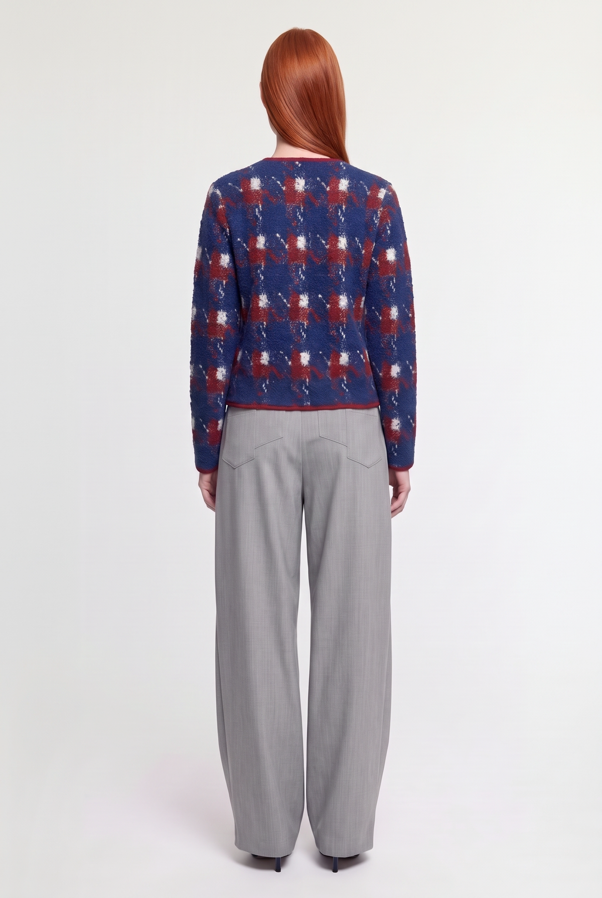 Bouclé Plaid Knit Cardigan with Fringe Trim - Blue/Red - back view