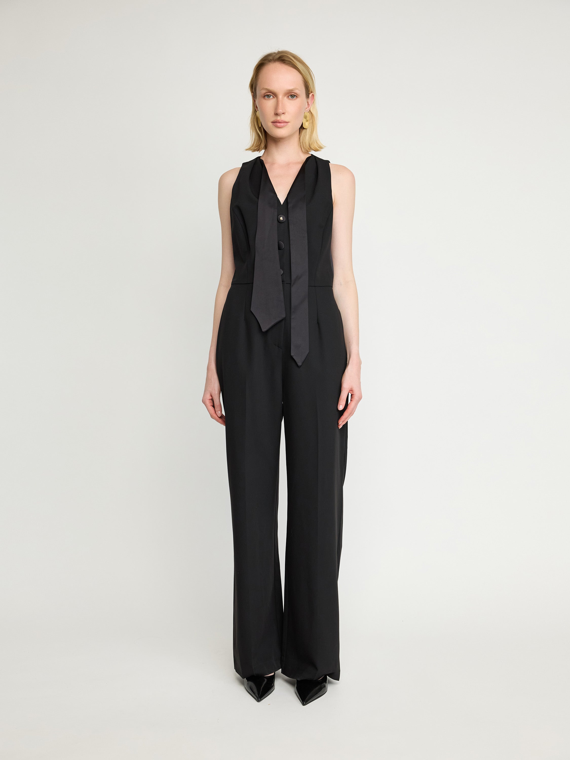 Satin-Tie Sleeveless Jumpsuit