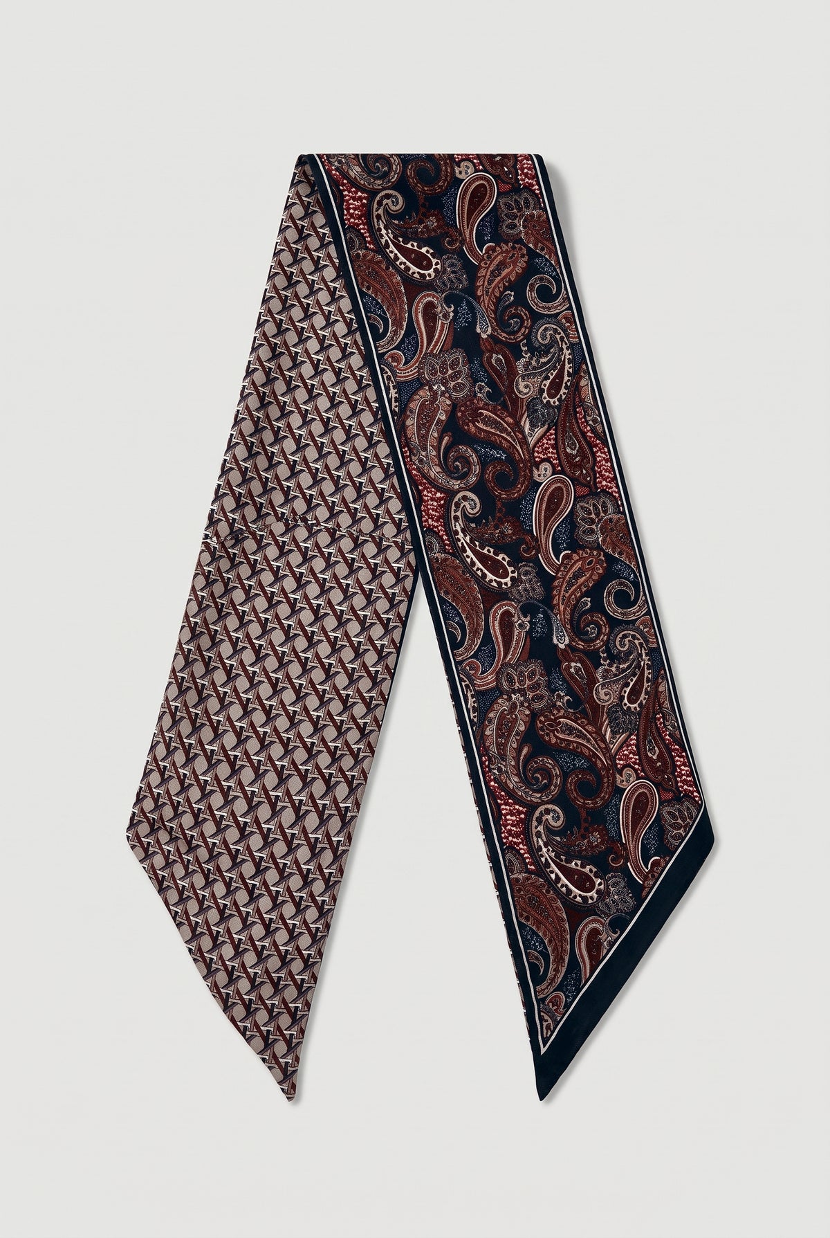 Double-sided silk twilly, paisley and lattice - Multi - Flat lay, long