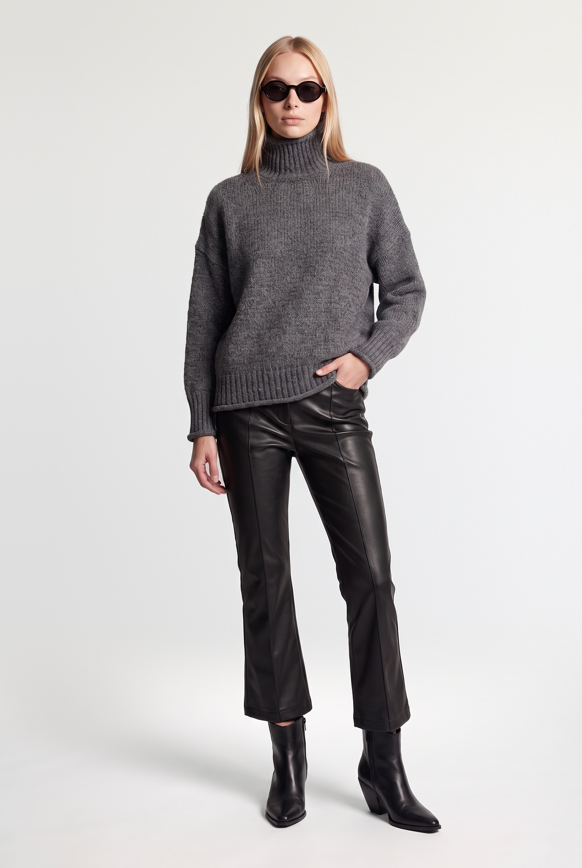 Chunky Turtleneck Knit Sweater - Grey - front view