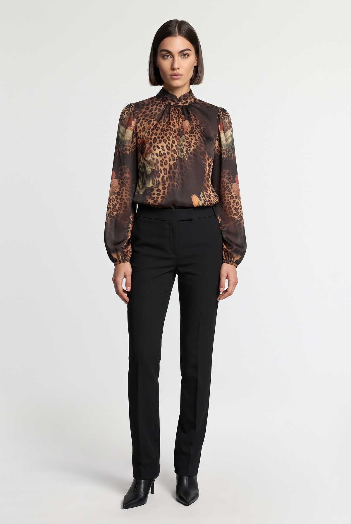 Animal-Print Satin Bow Blouse - Black - front view