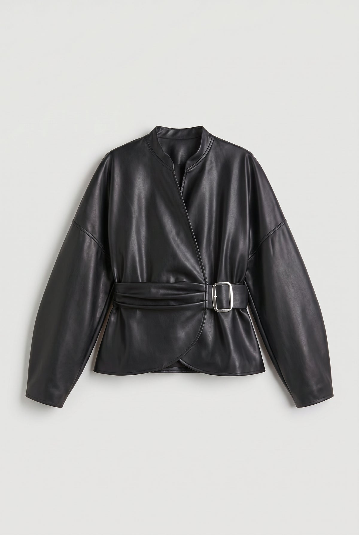 Belted Faux Leather Wrap Jacket - Black - flat lay
