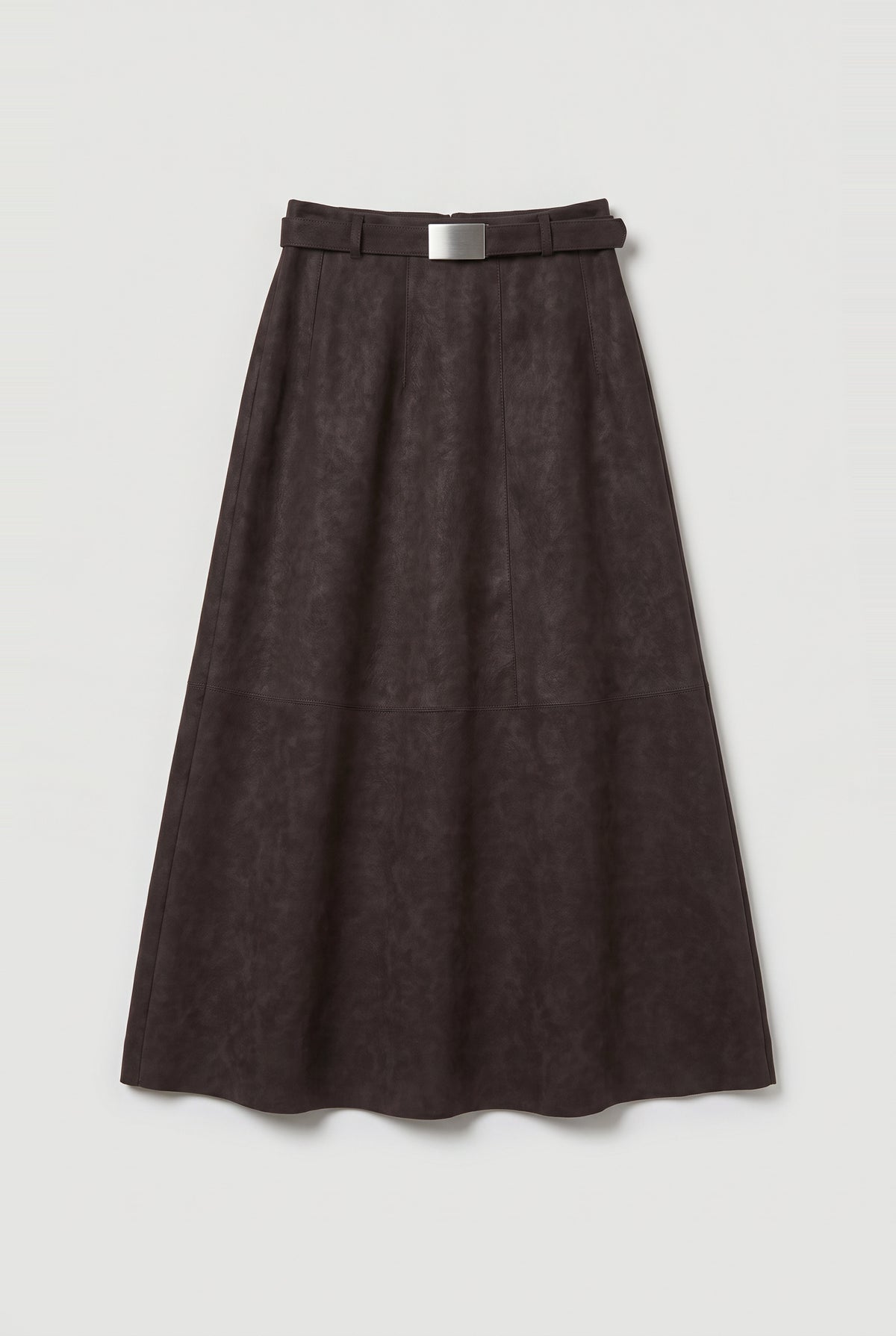 Belted Faux-Suede Midi Skirt - Dark Brown - flat lay