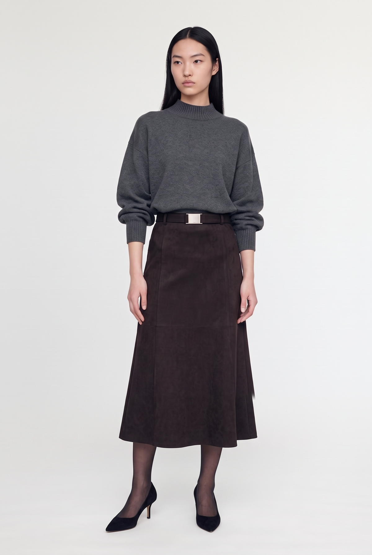 Belted Faux-Suede Midi Skirt - Dark Brown - front view, sleeves pulled up
