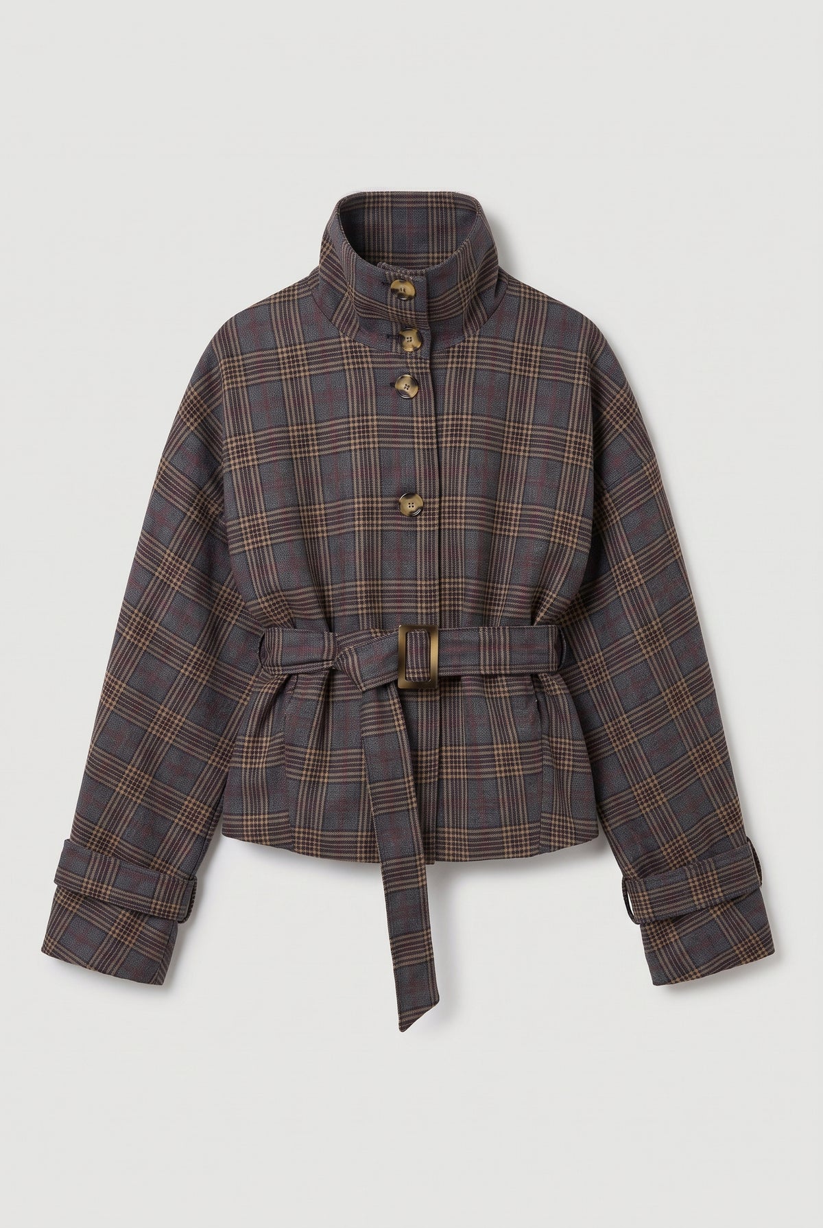 Belted Plaid Coat - Grey/Camel - flat lay