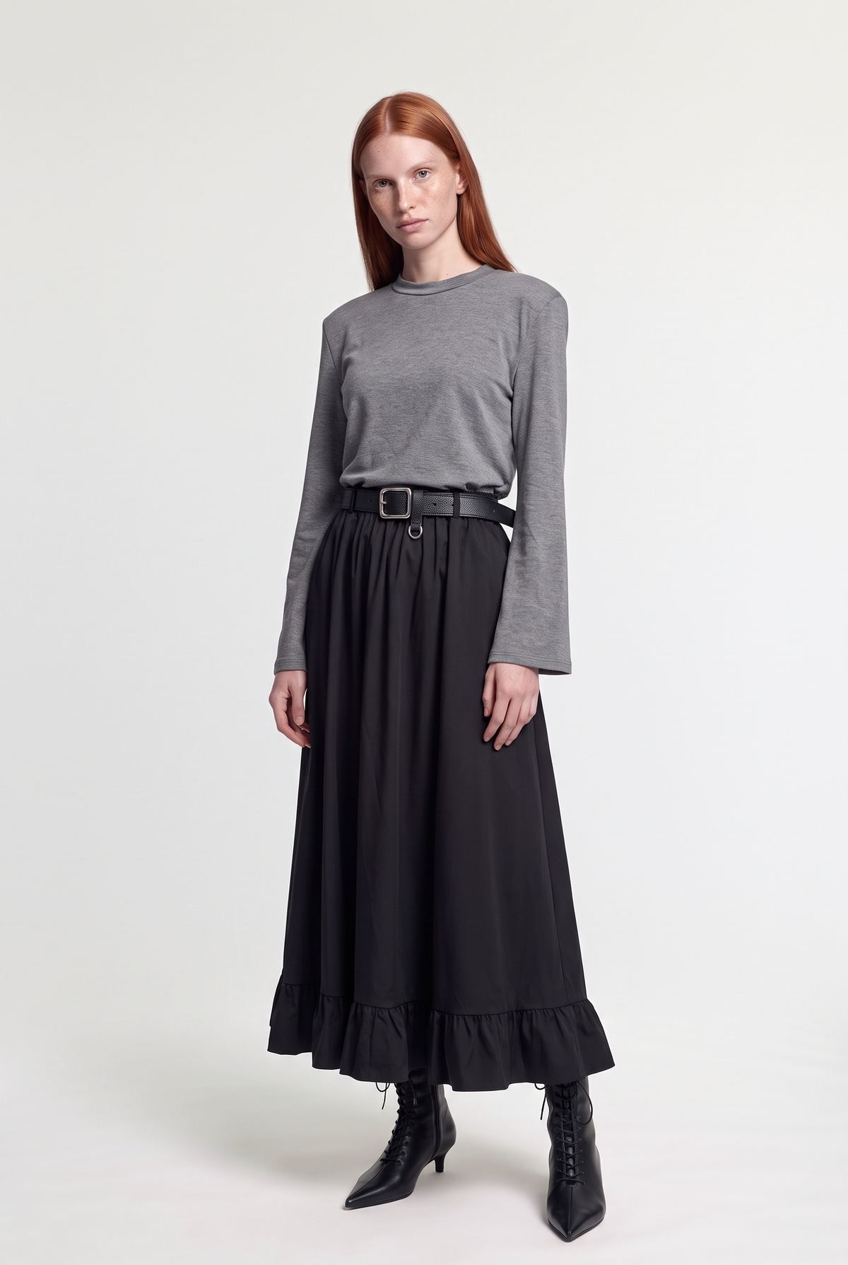 Belted Ruffle Hem Maxi Skirt - Black - front view
