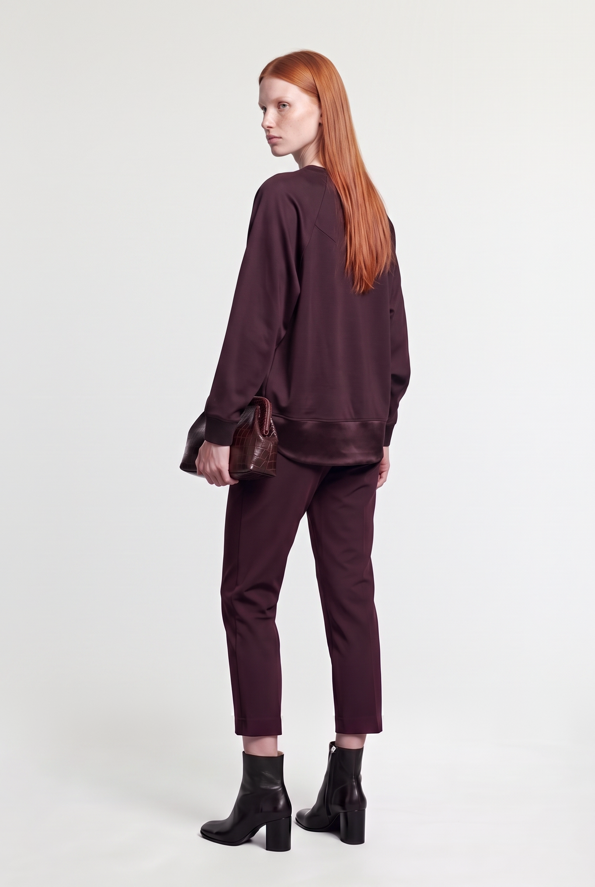 Belted Slim-Leg Pants - Burgundy - styled look, back view