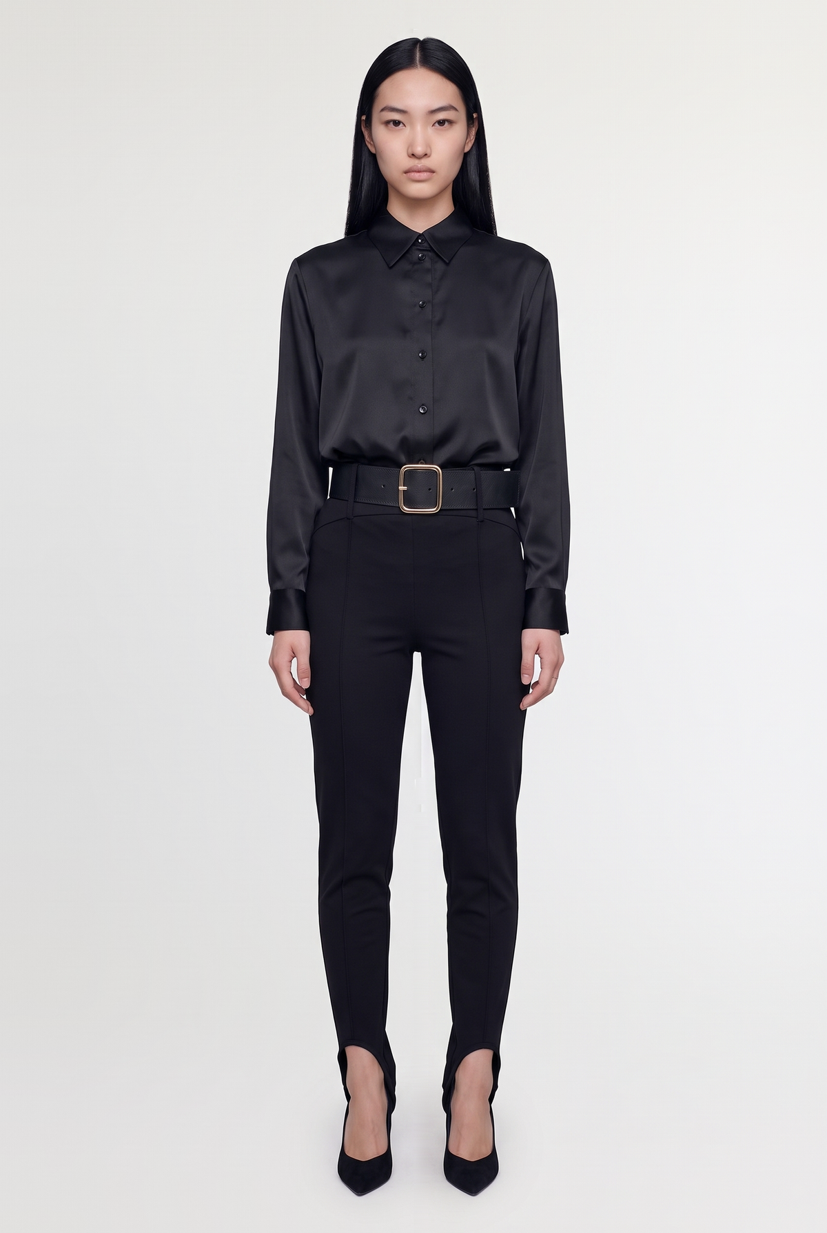 Belted Stirrup Pants - Black - front view
