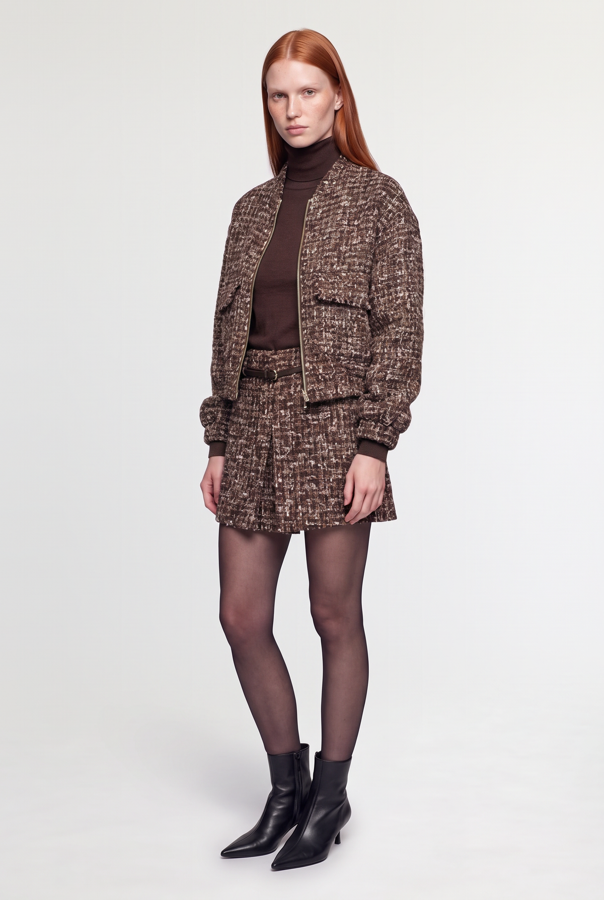 Tweed Mini Skirt - Brown - front view