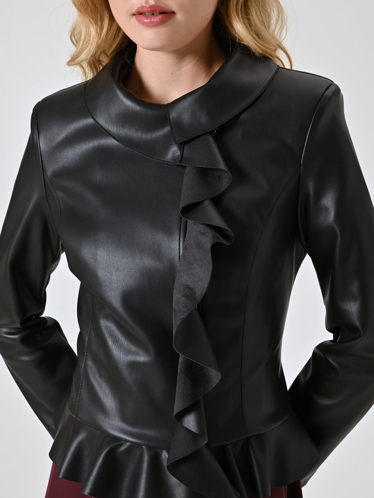 Black Faux Leather Jacket with Ruffles and Turn-down Collar - Maska