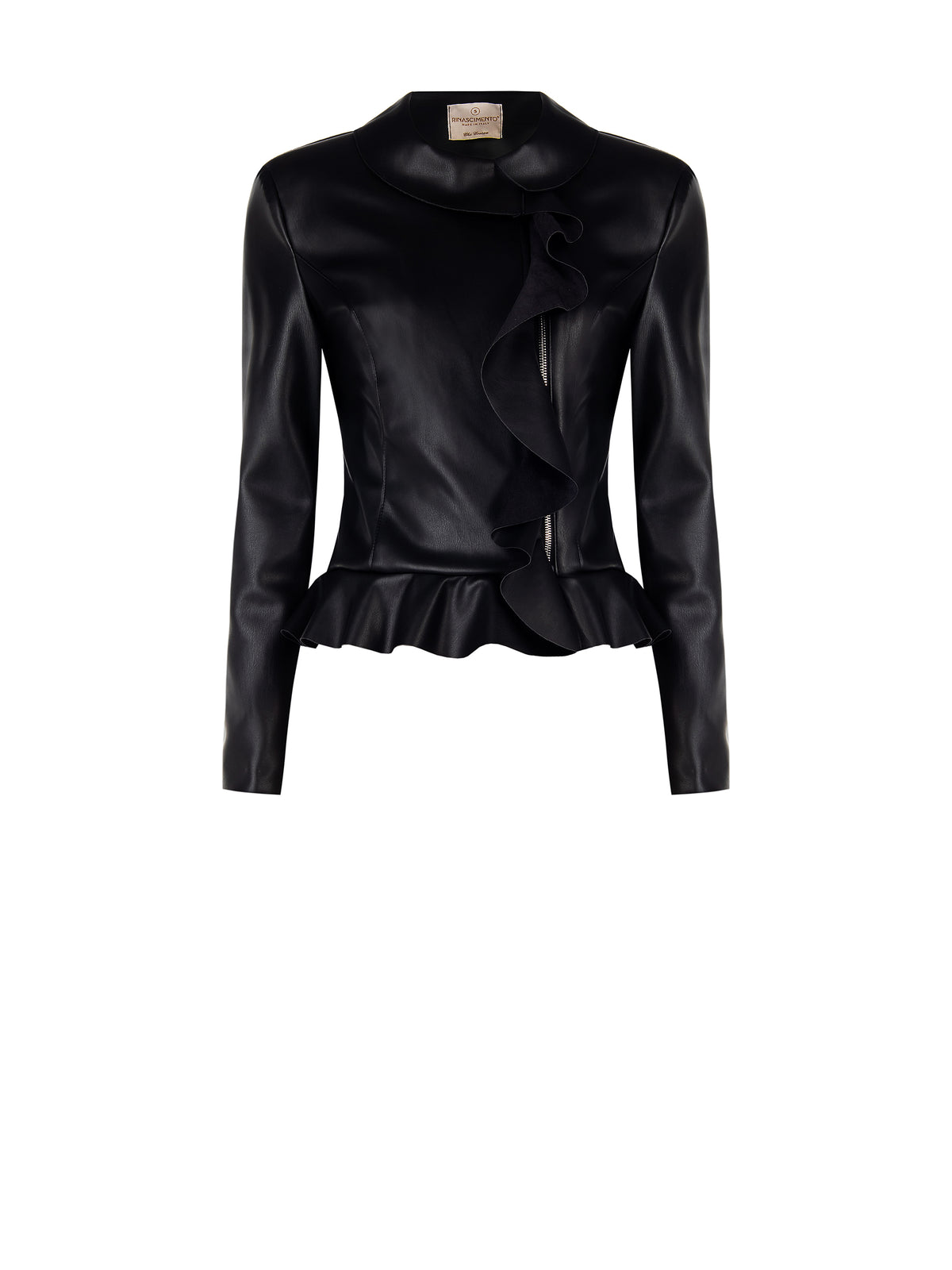 Black Faux Leather Jacket with Ruffles and Turn-down Collar - Maska
