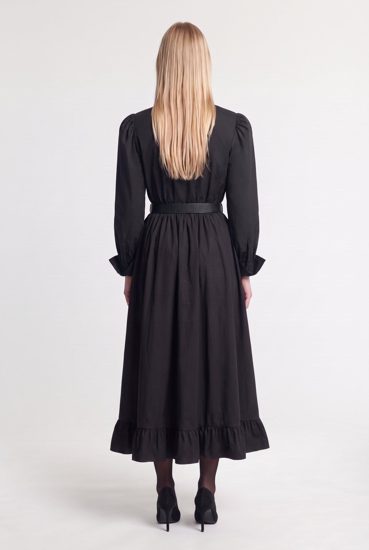 Bow-Front Puff Shoulder Blouse - Black - back view