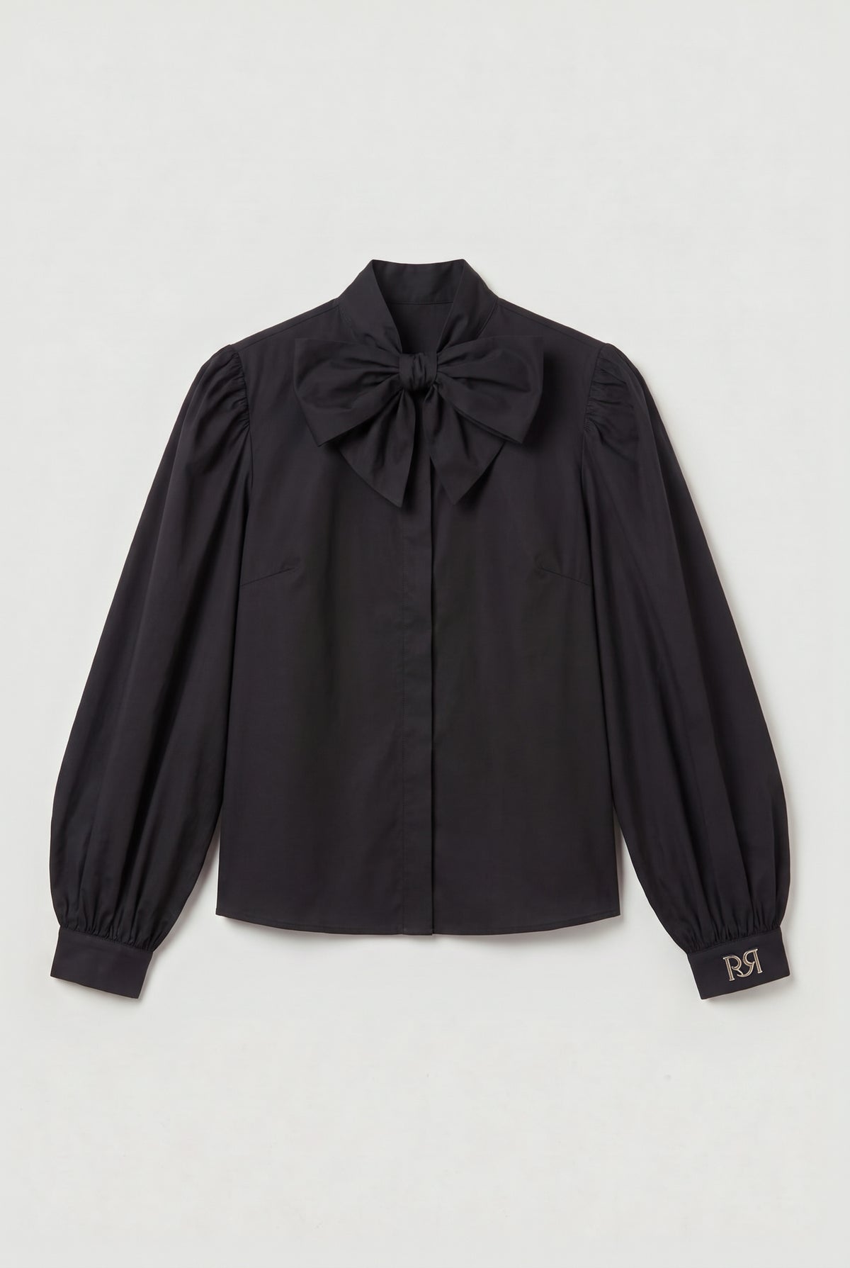 Bow-Neck Balloon-Sleeve Blouse - Black - flat lay