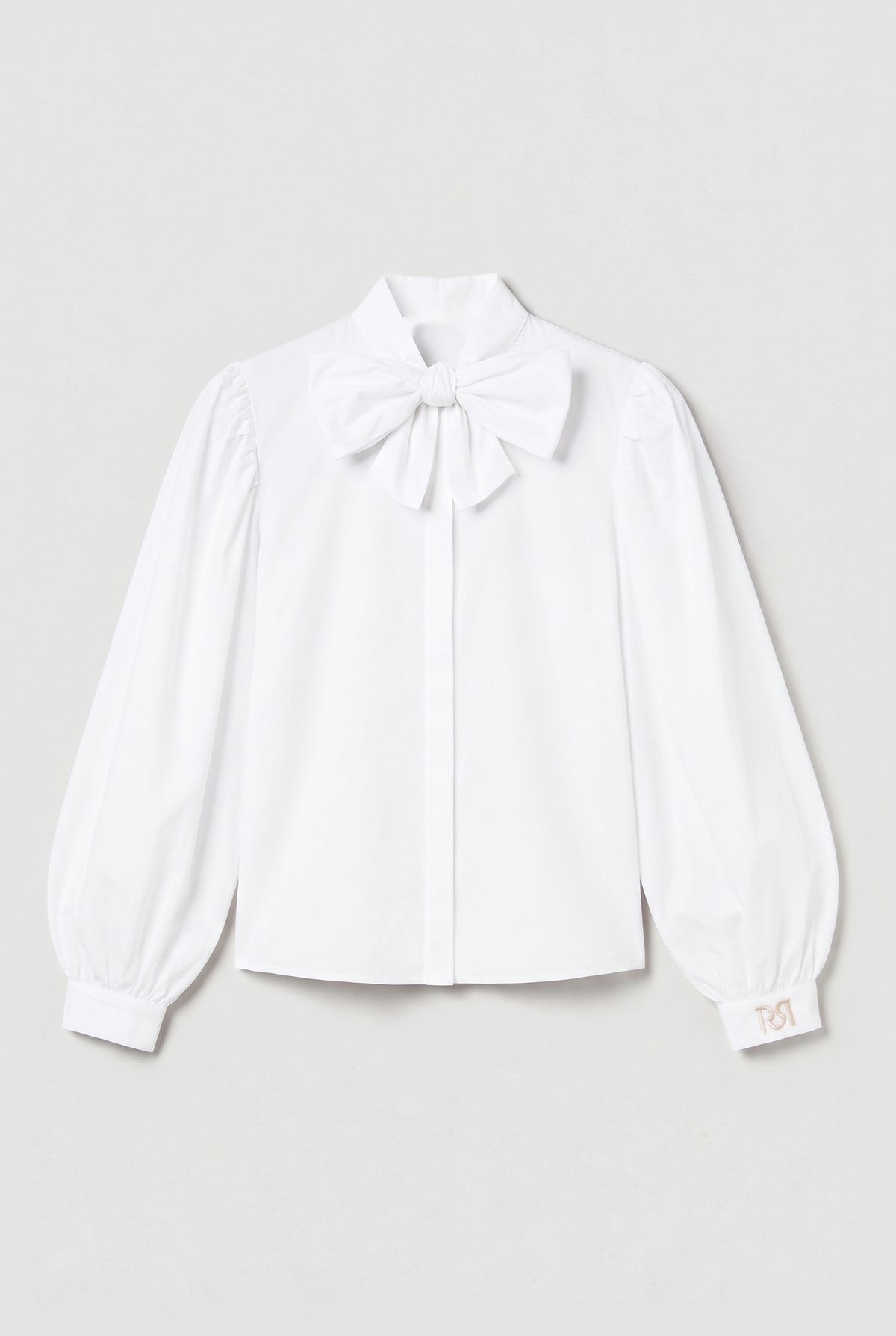 Bow-Neck Balloon-Sleeve Blouse - White - flat lay