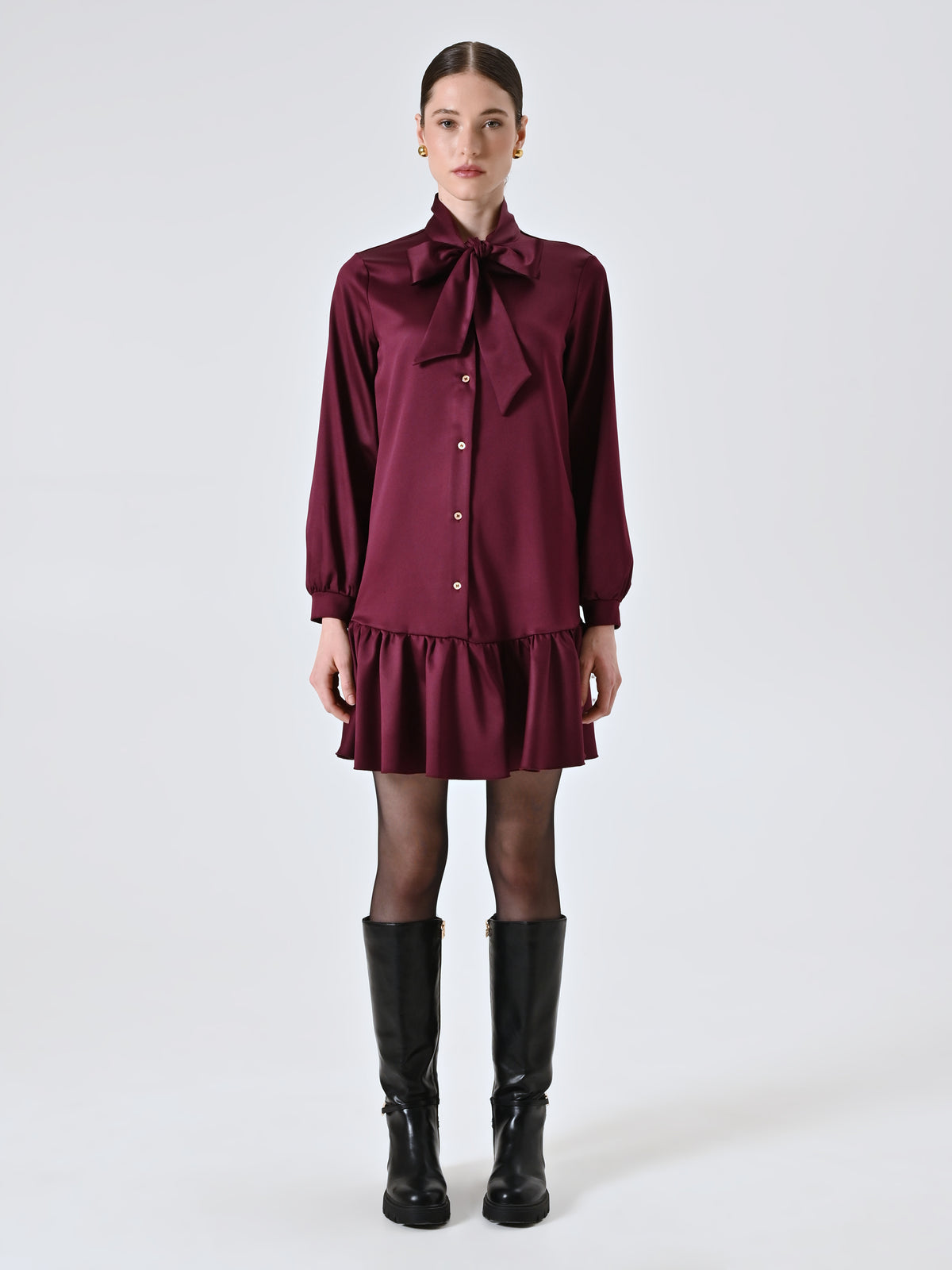 Burgundy Satin Shirt Dress with Bow - Maska