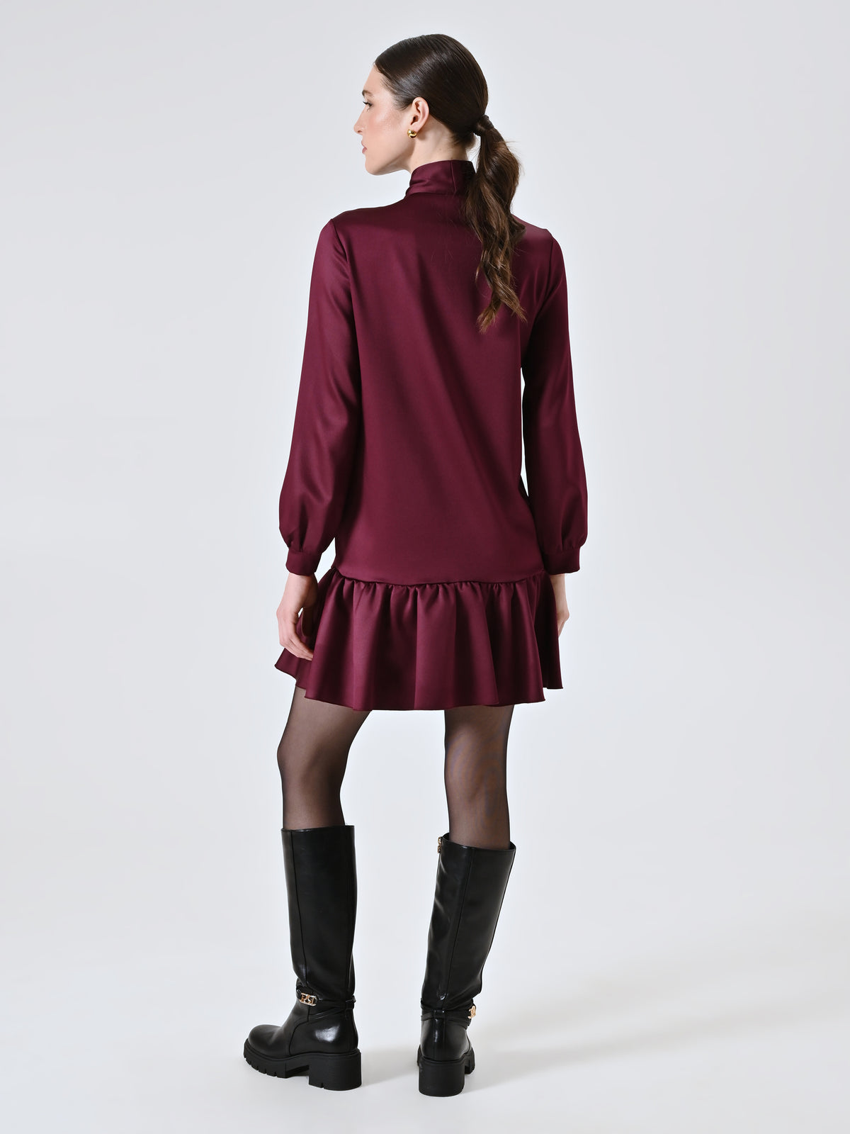Burgundy Satin Shirt Dress with Bow - Maska