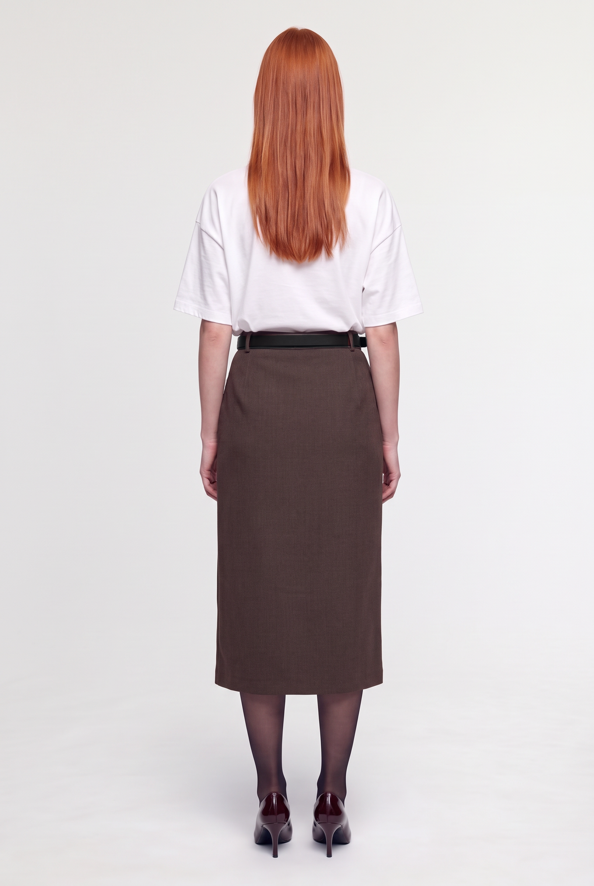 Button Wrap Midi Pencil Skirt - Brown - back view