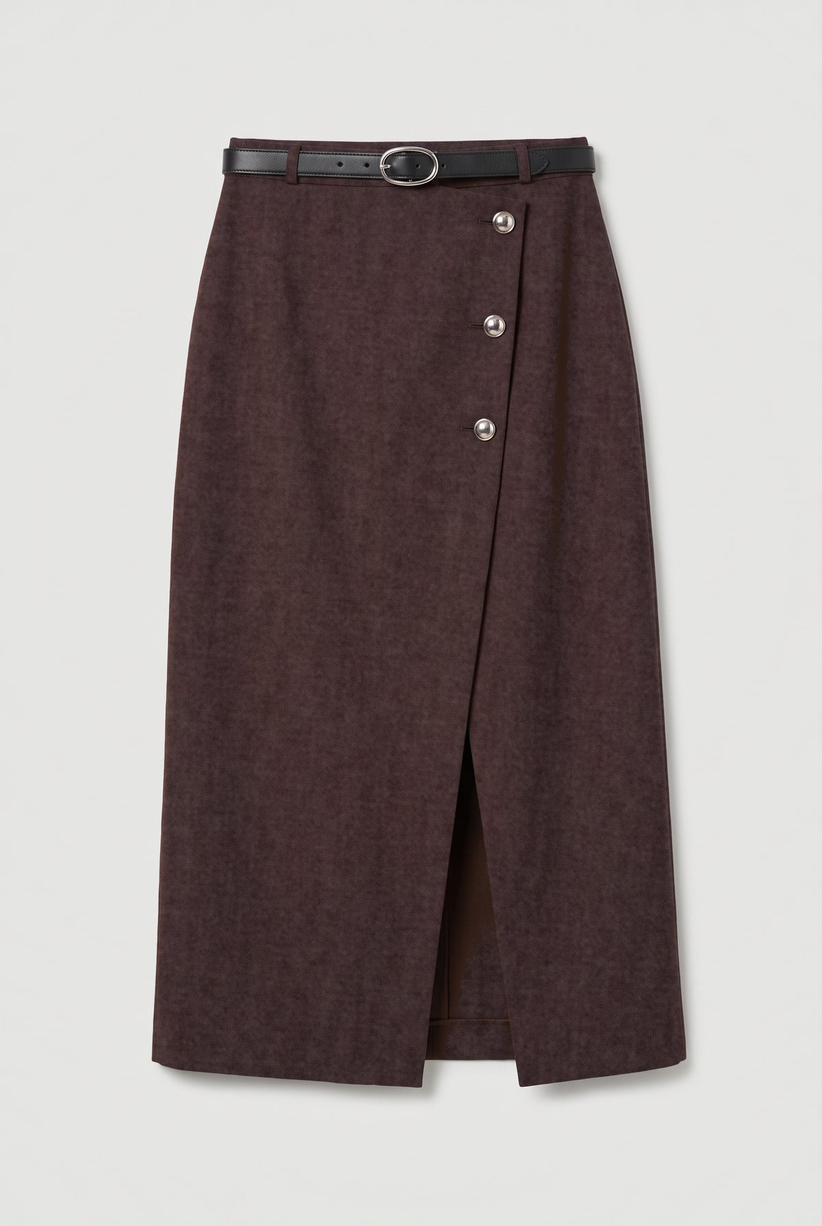 Button Wrap Midi Pencil Skirt - Brown - flat lay